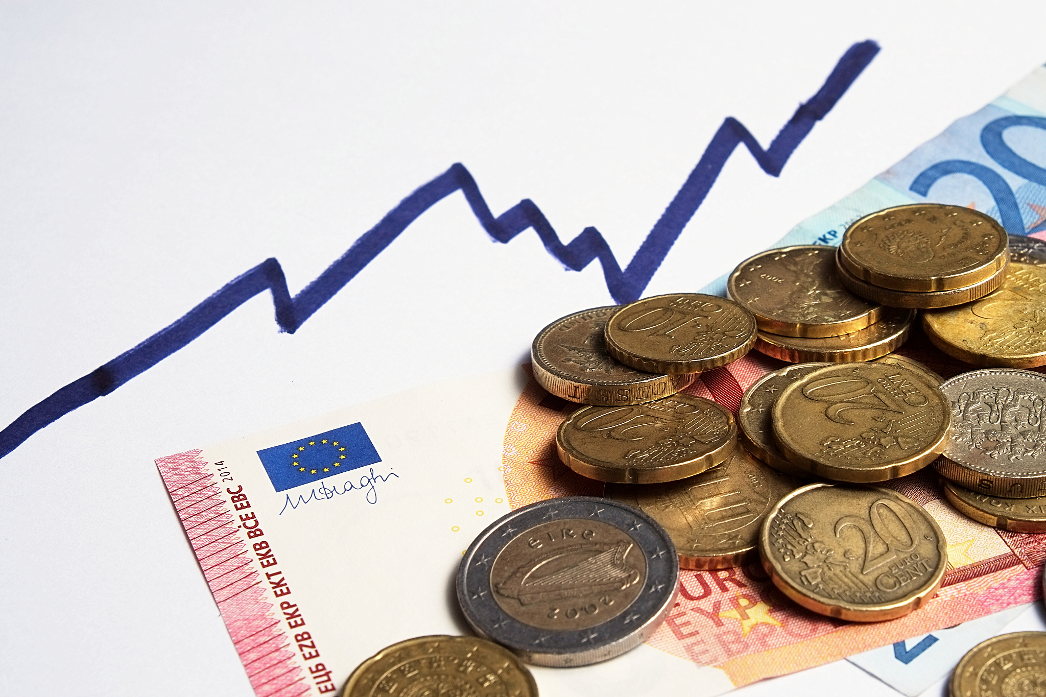 euro coins and banknotes and rising chart line