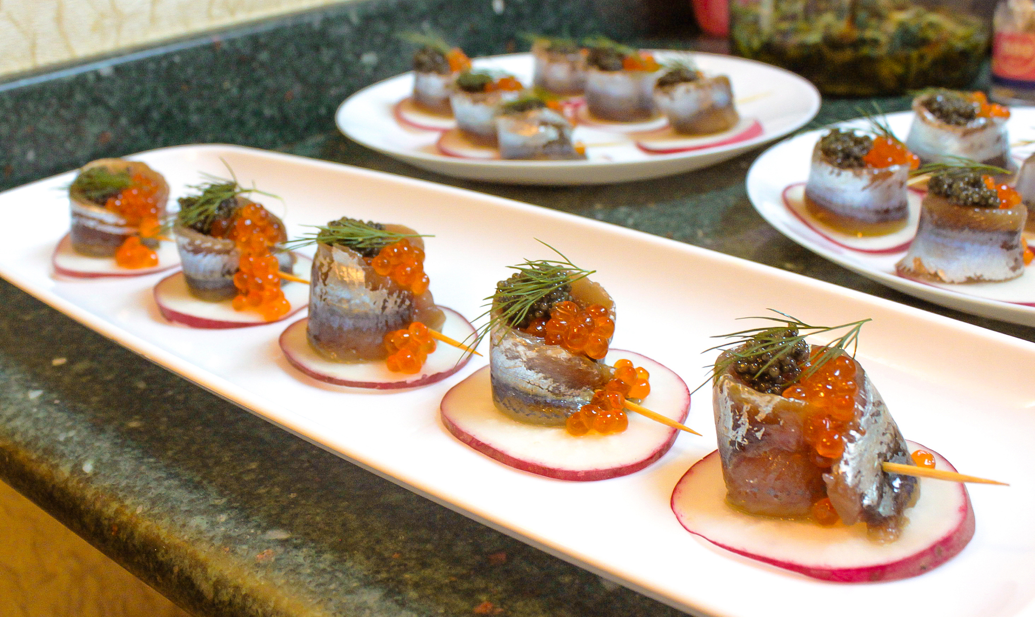 high angle view of food served in tray on marble
