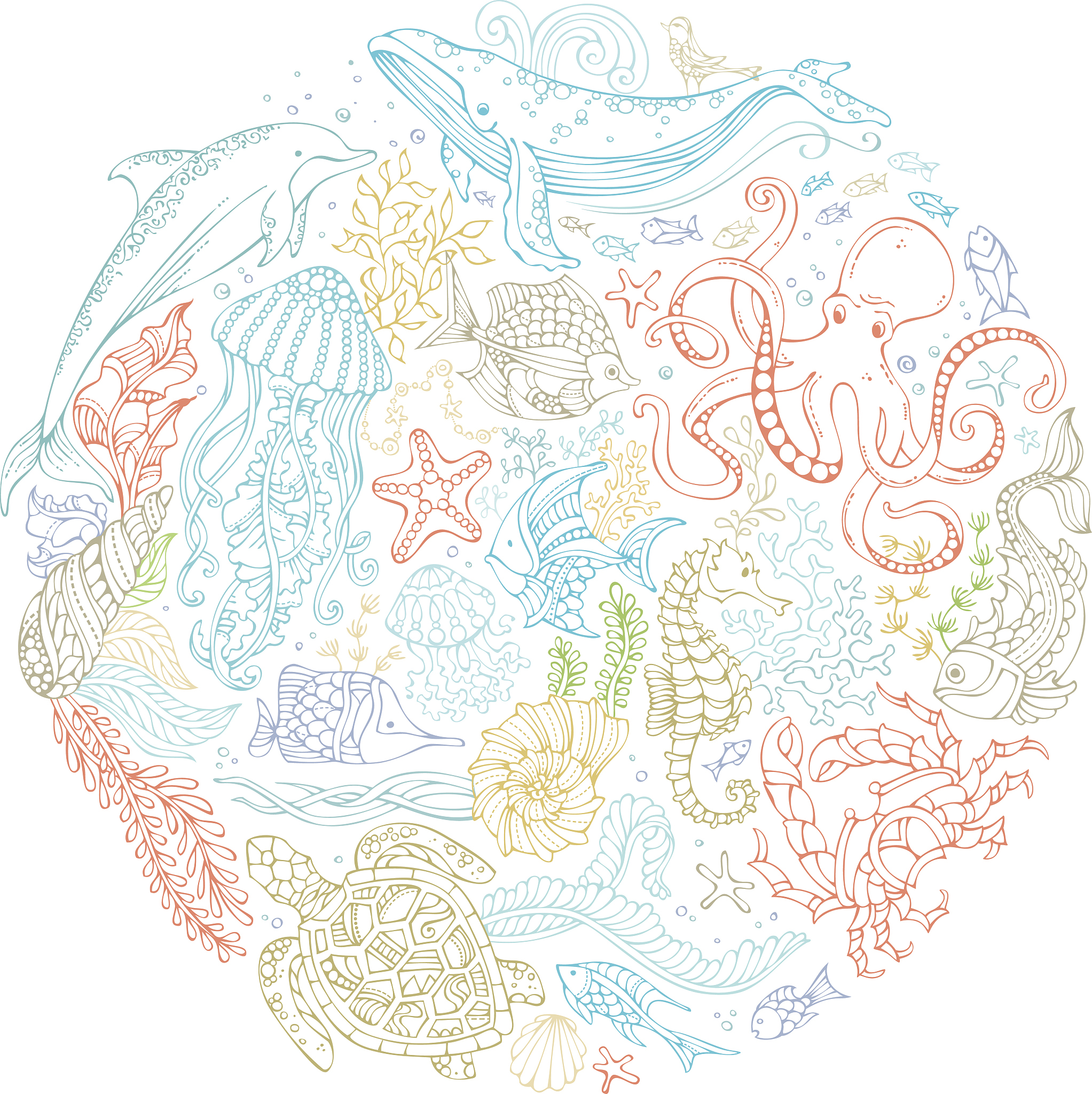 circle vector set of ocean animals and plants contours.