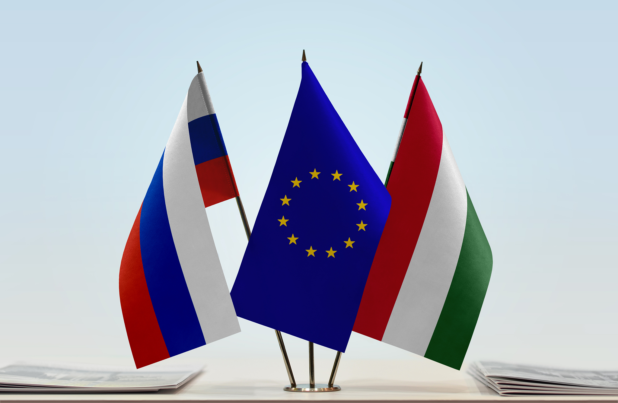 flags of russia european union and hungary