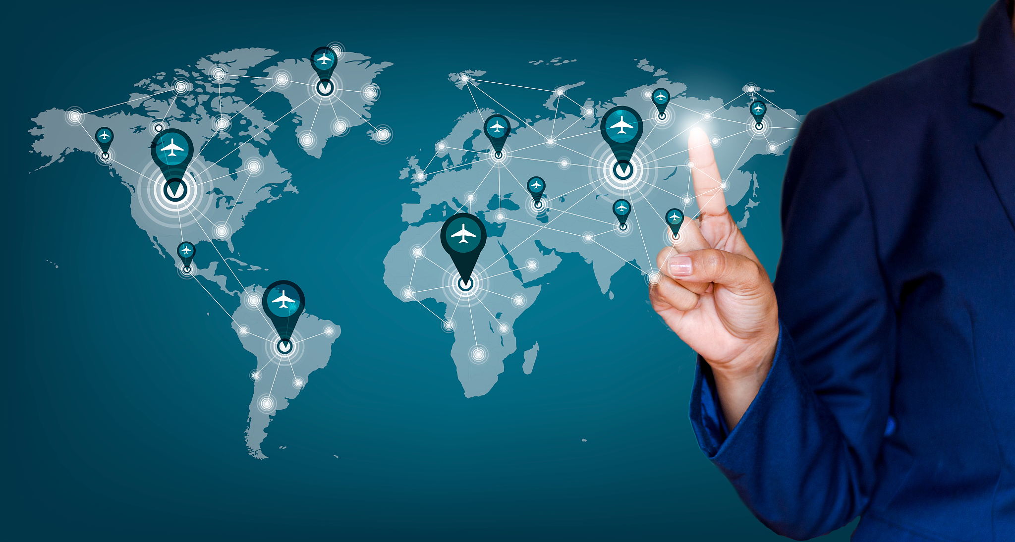 digital composite image of woman touching world map