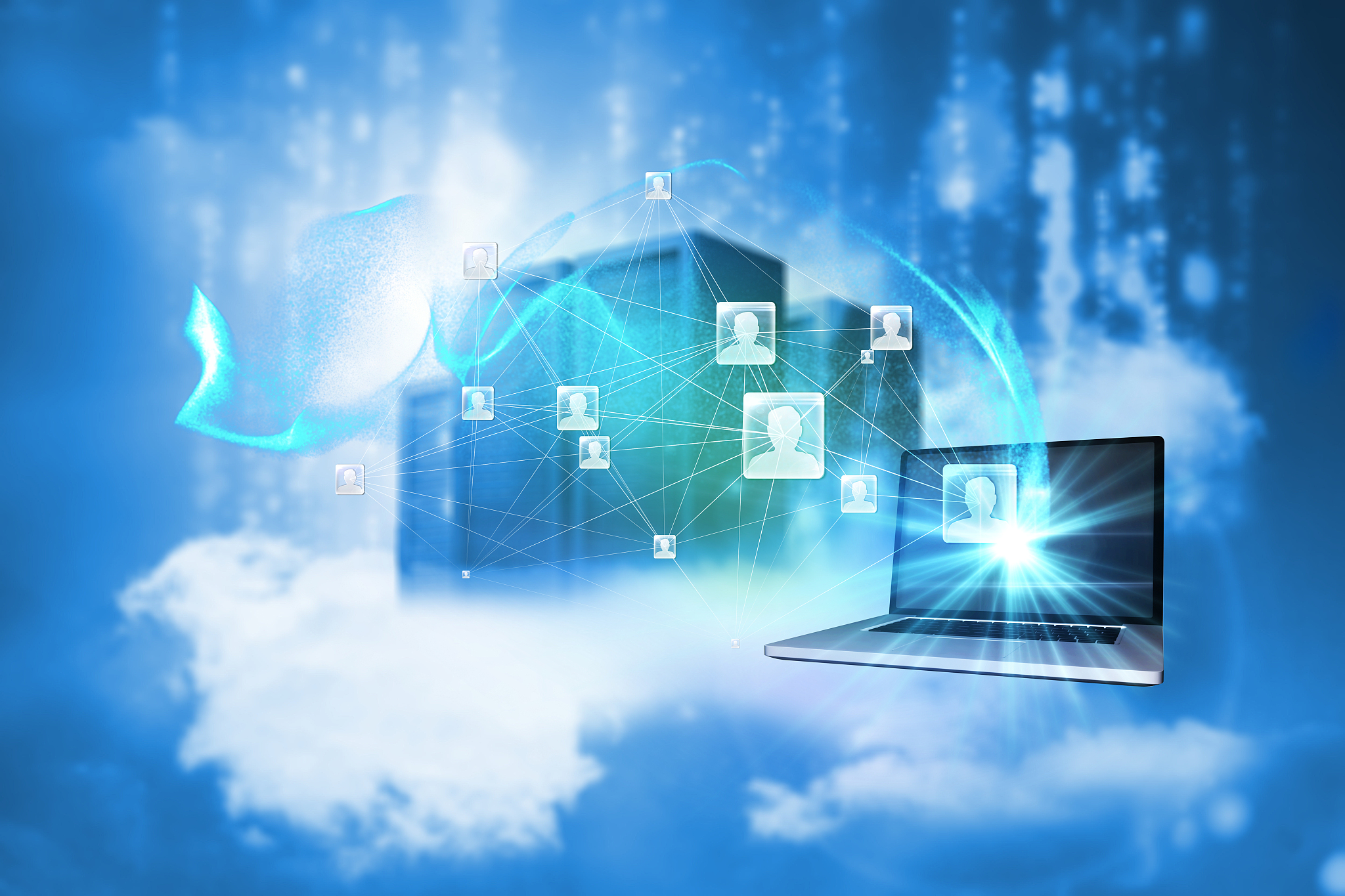 social network background against cityscape on cloud