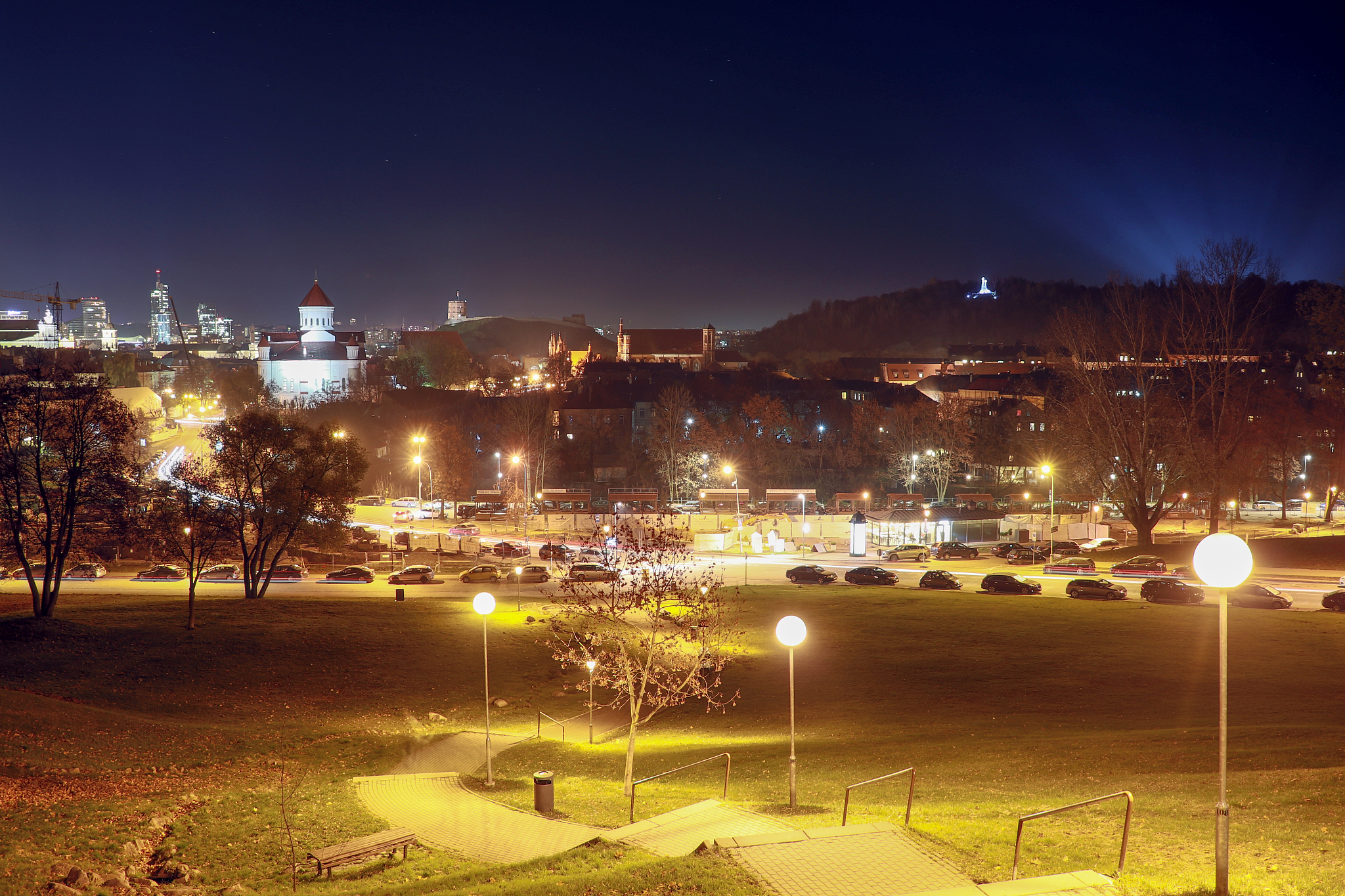 vilnius city illuminated at night view from bastion