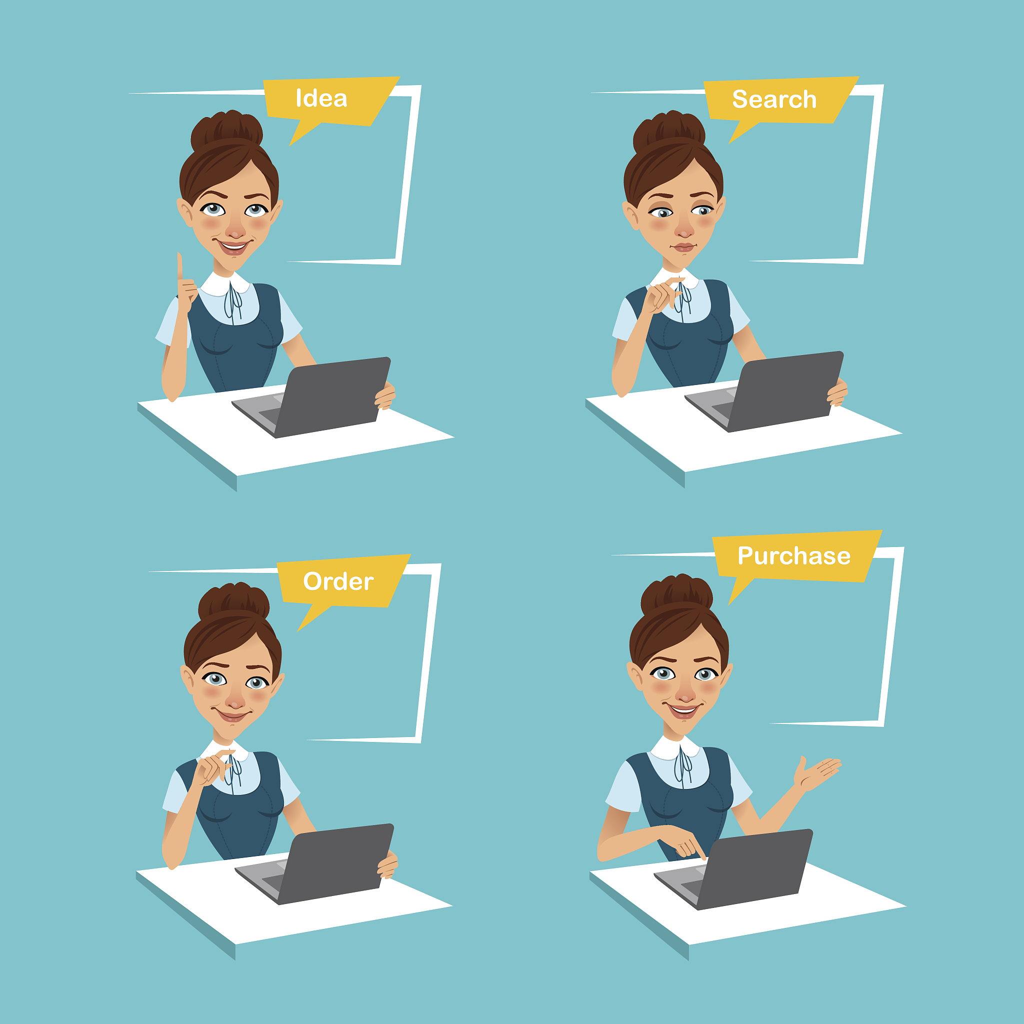 woman is making order online. four stages of process. four busin