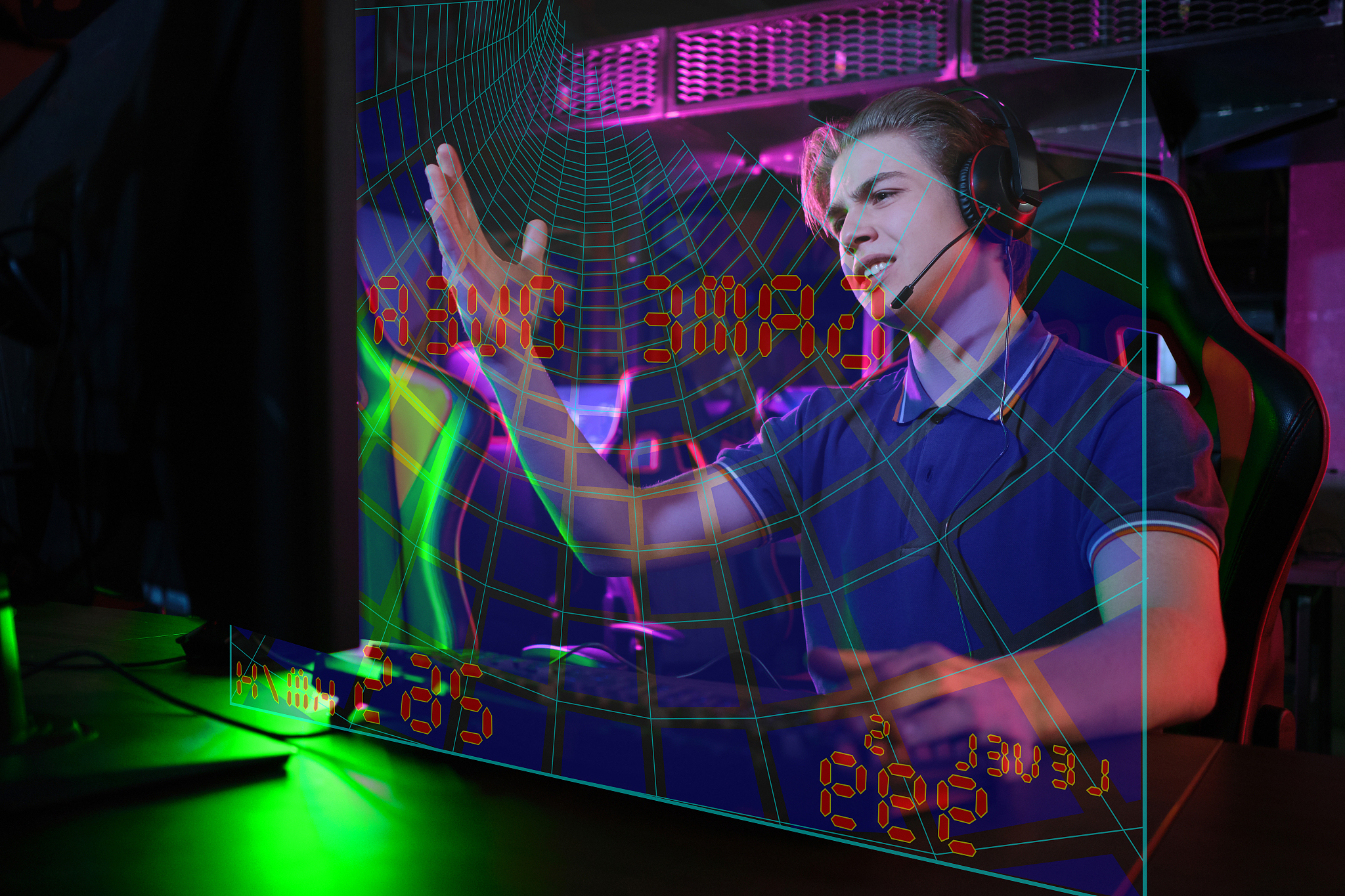 professional young caucasian gamer playing online on his pc. he 