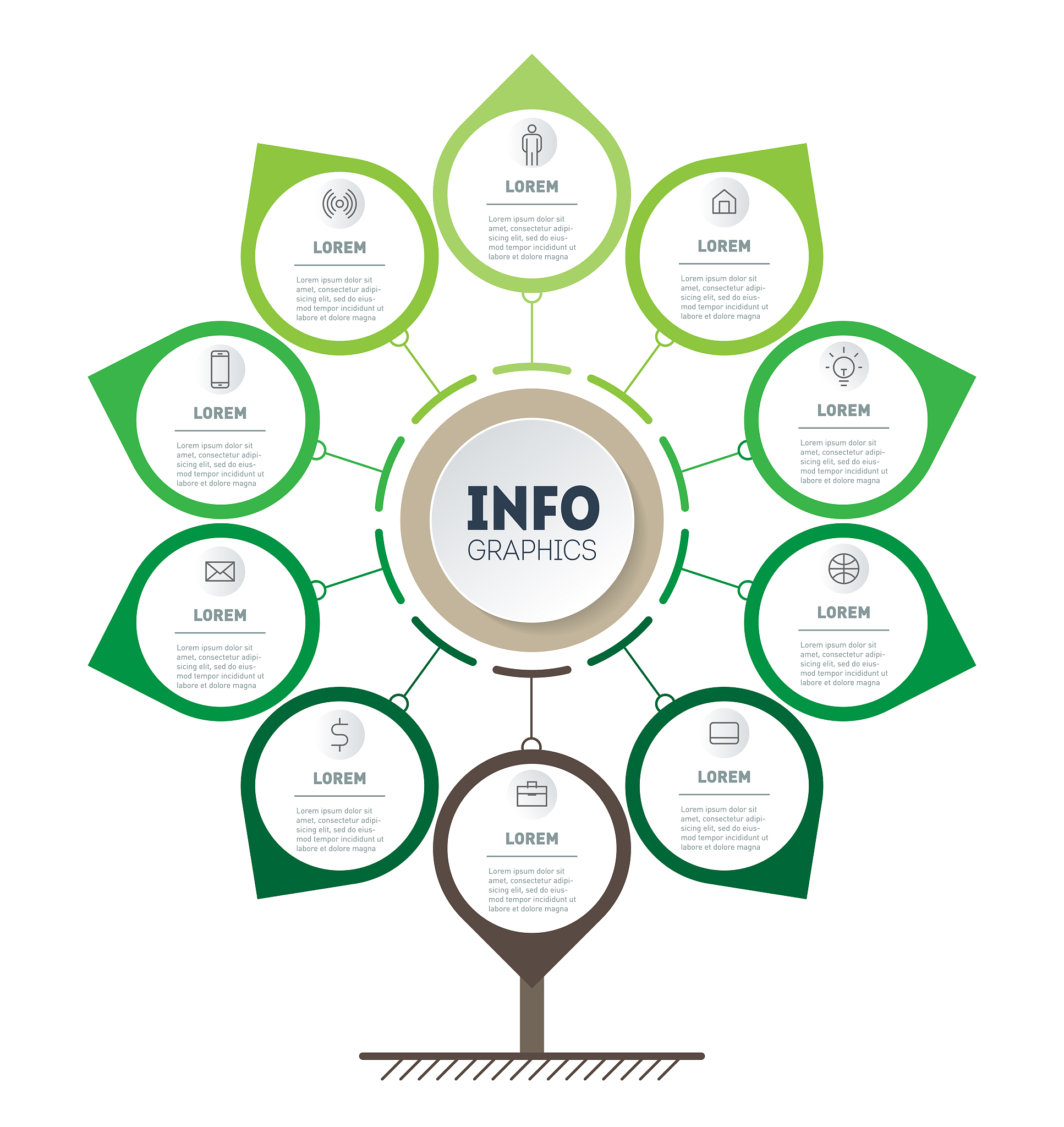 vertical green timeline, infographics. tree of development and g