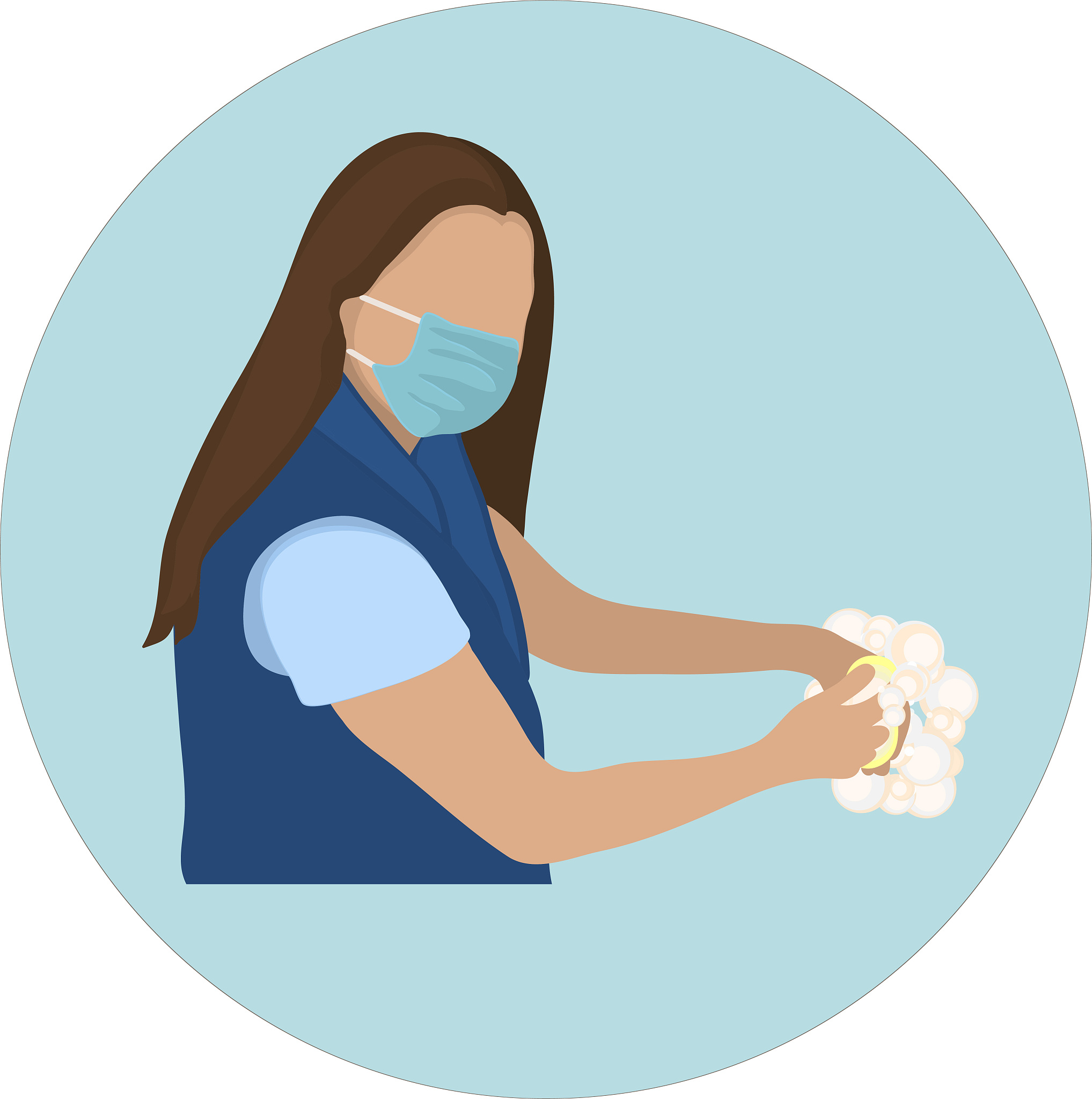 a girl in an antiviral mask washes hands with soap. graphic draw