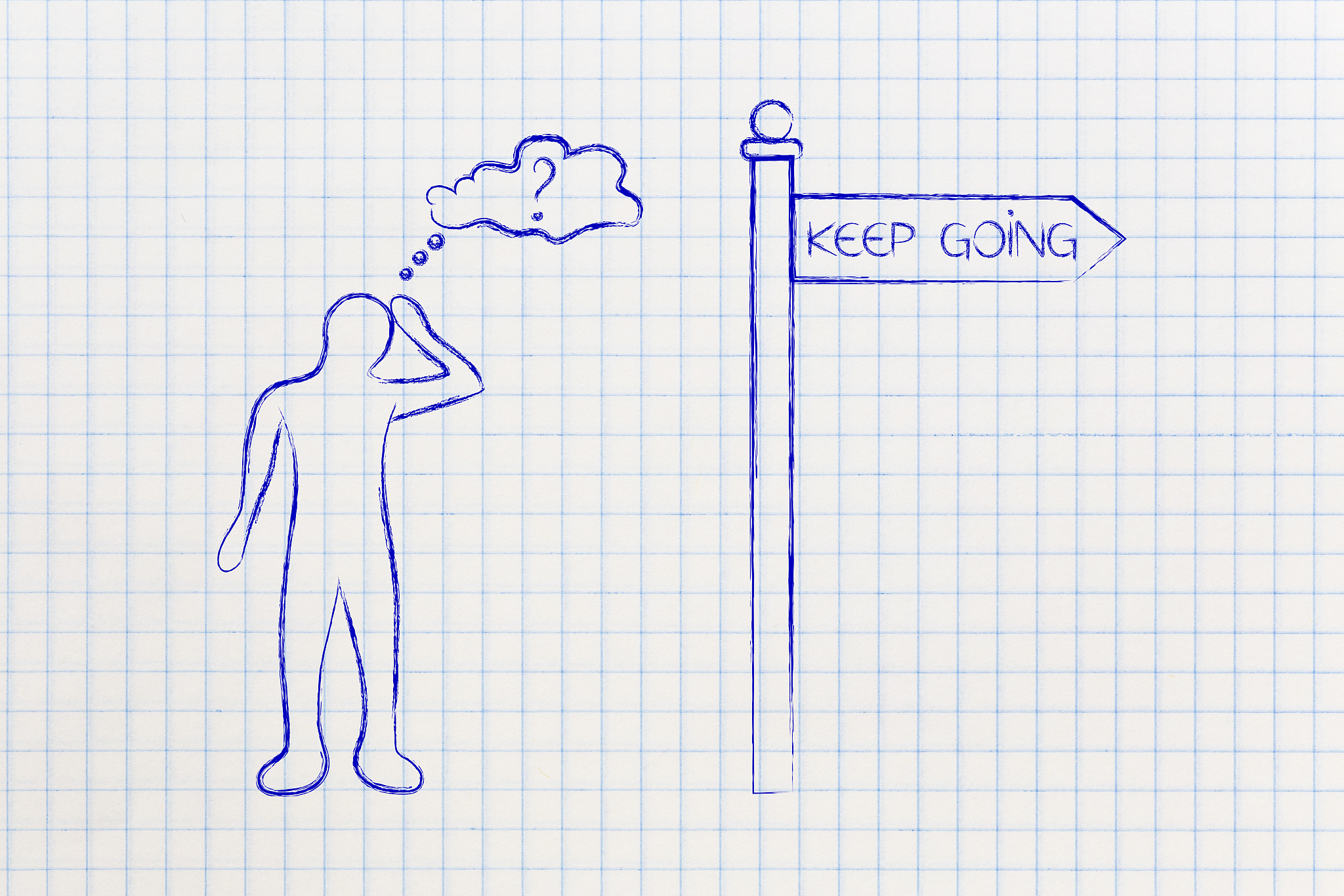 doubtful or insecure man next to road sign with text keep going