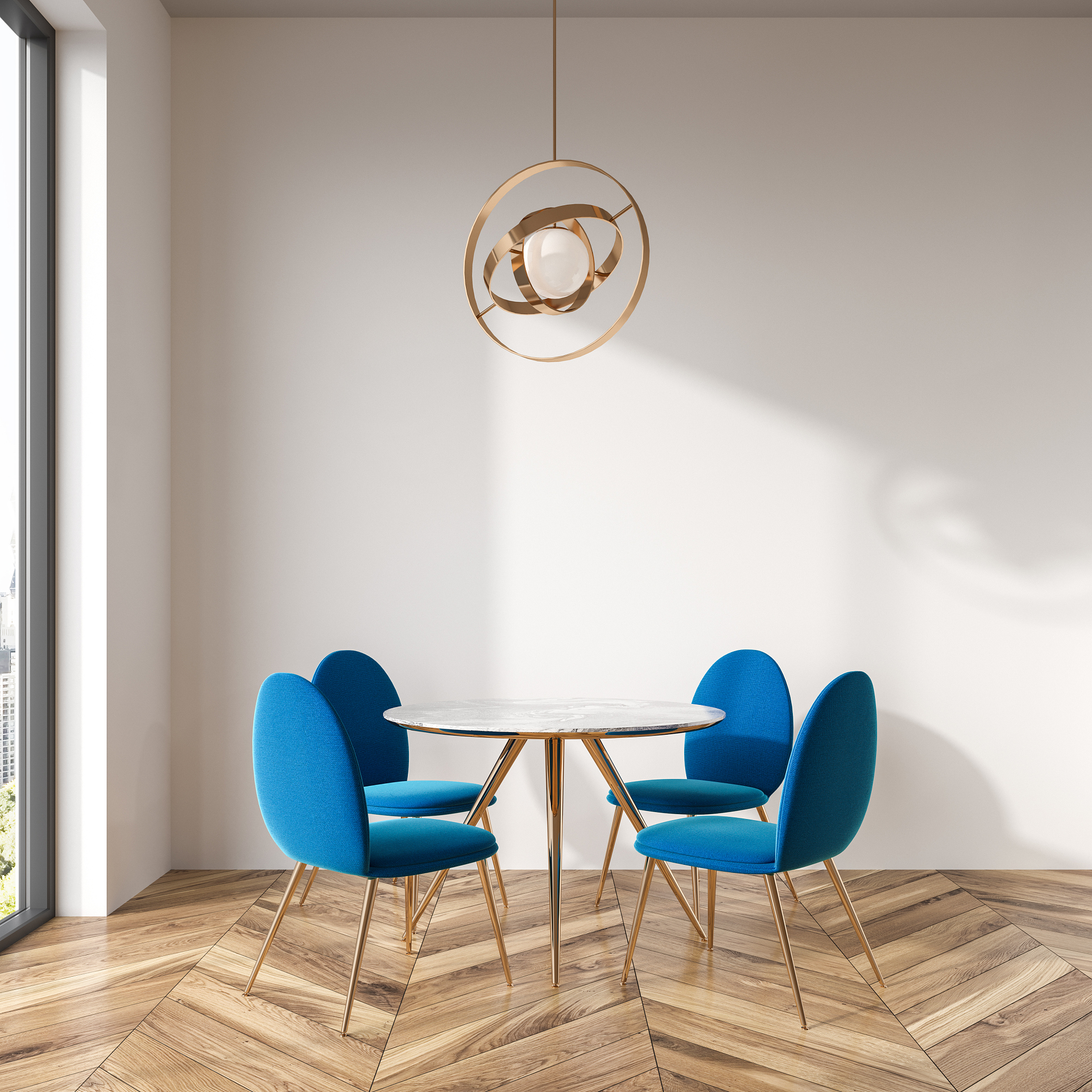white dining room, blue chairs
