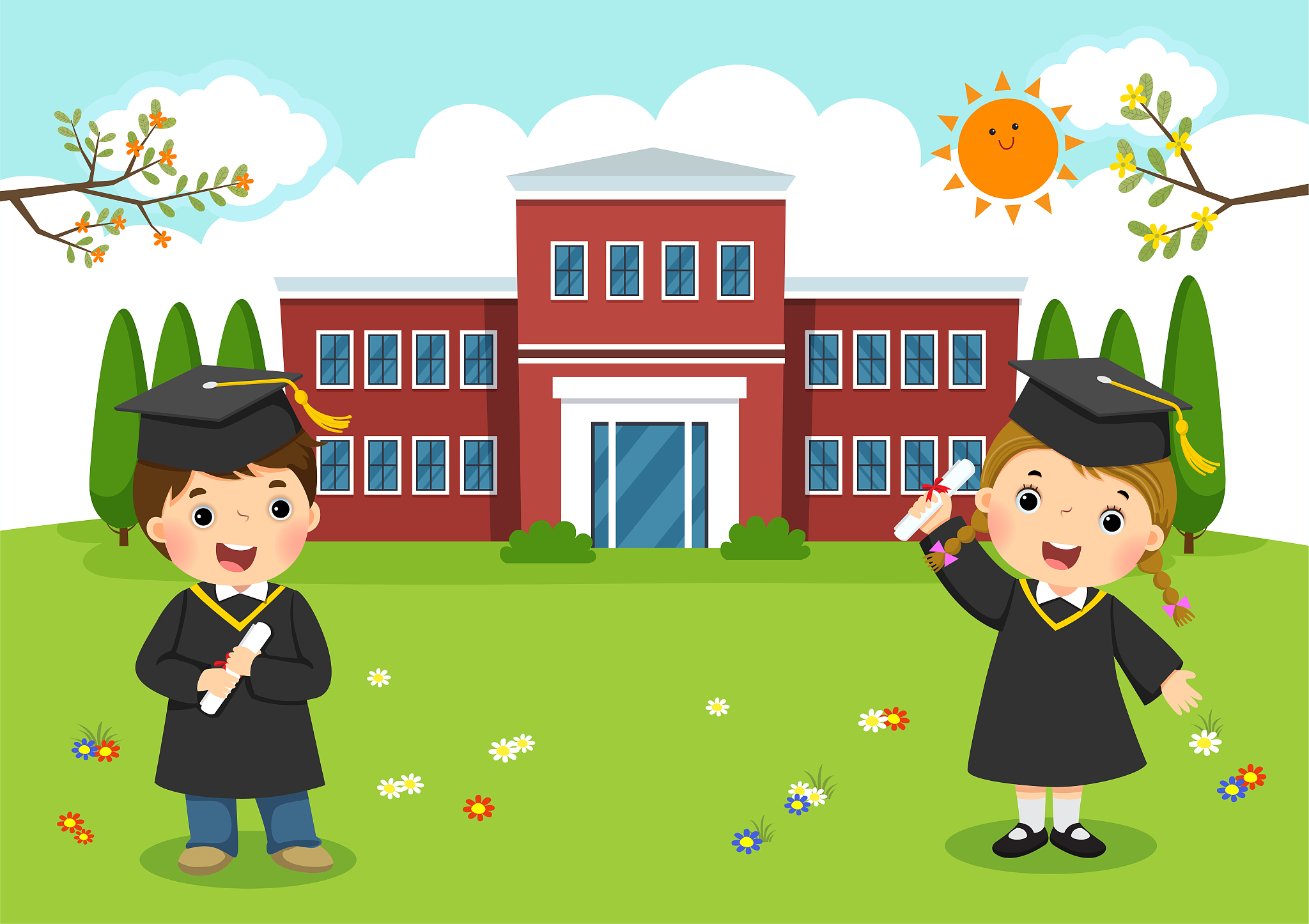 happy graduation day. school kids graduation in front of school 