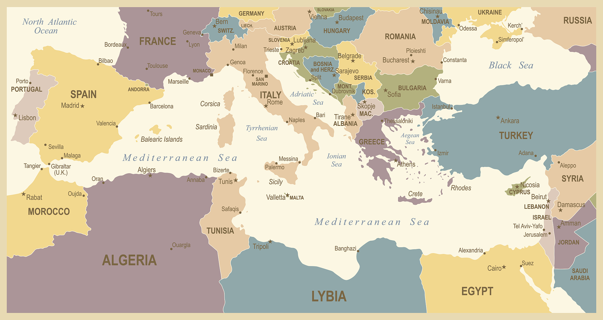 vintage map of mediterranean countries