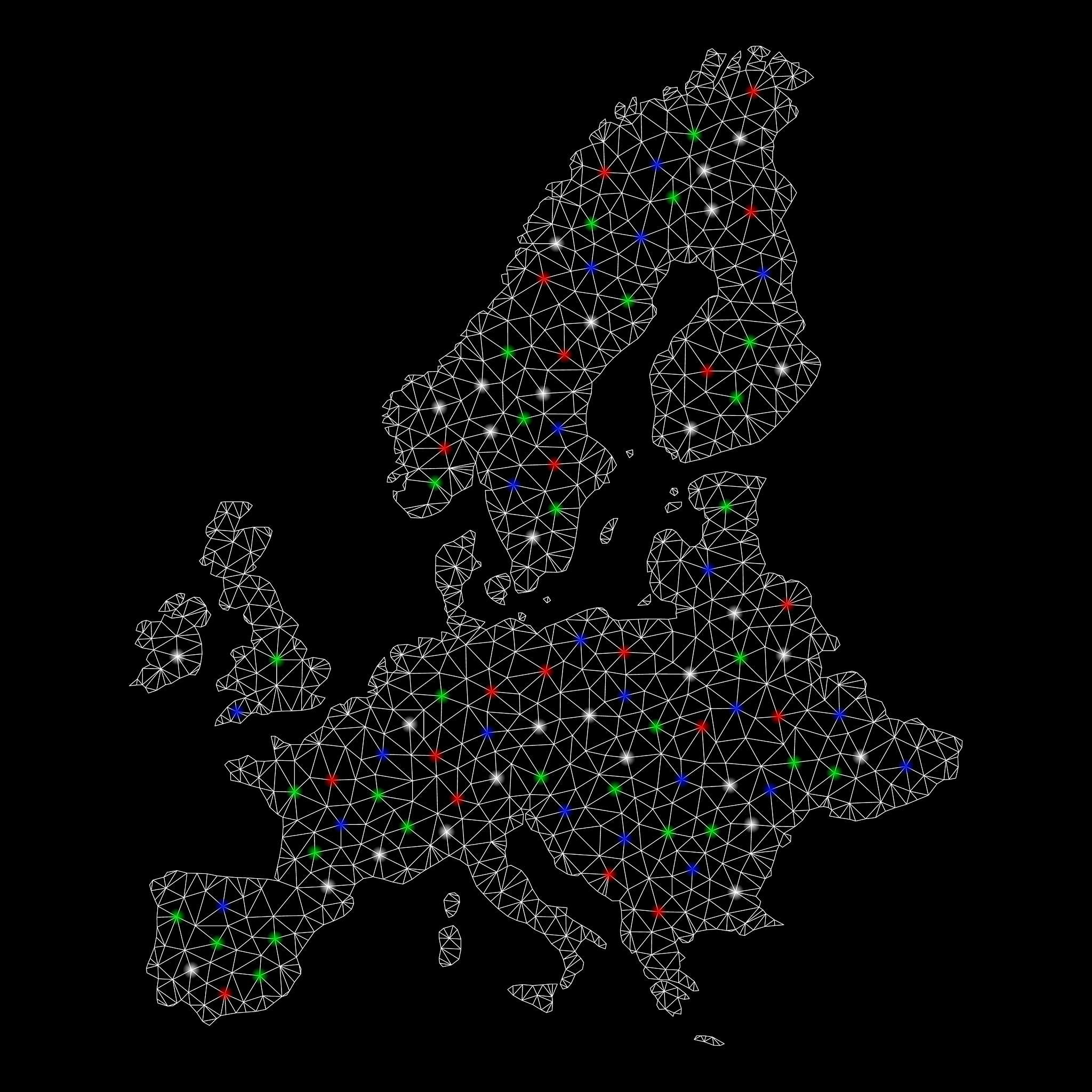 bright mesh 2d european union map with flash spots