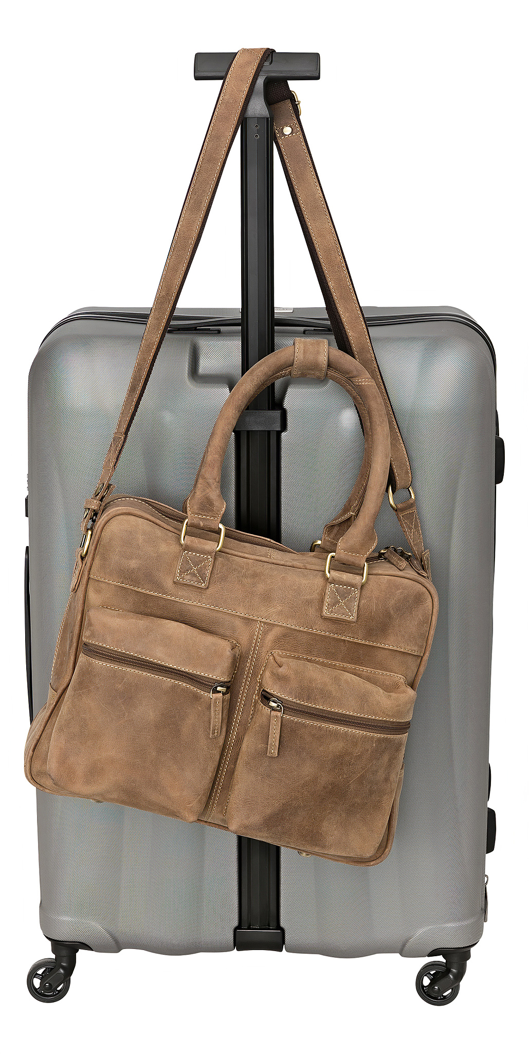 leather travelbag on trolley with checkered inside isolated on w