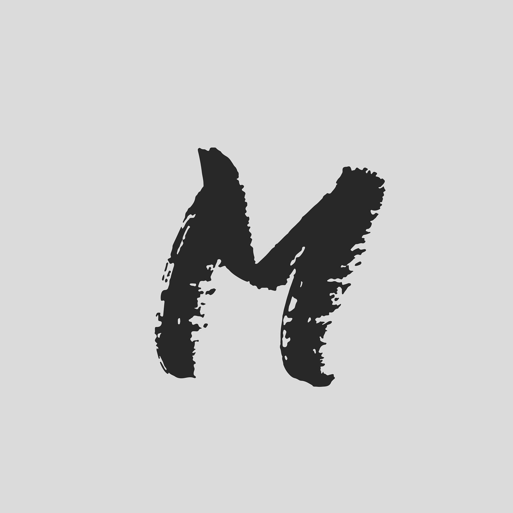 letter m handwritten by dry brush rough strokes