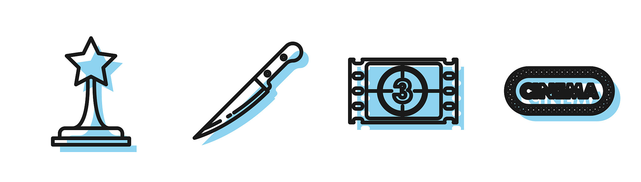 set line play video , movie trophy , knife and cinema poster des