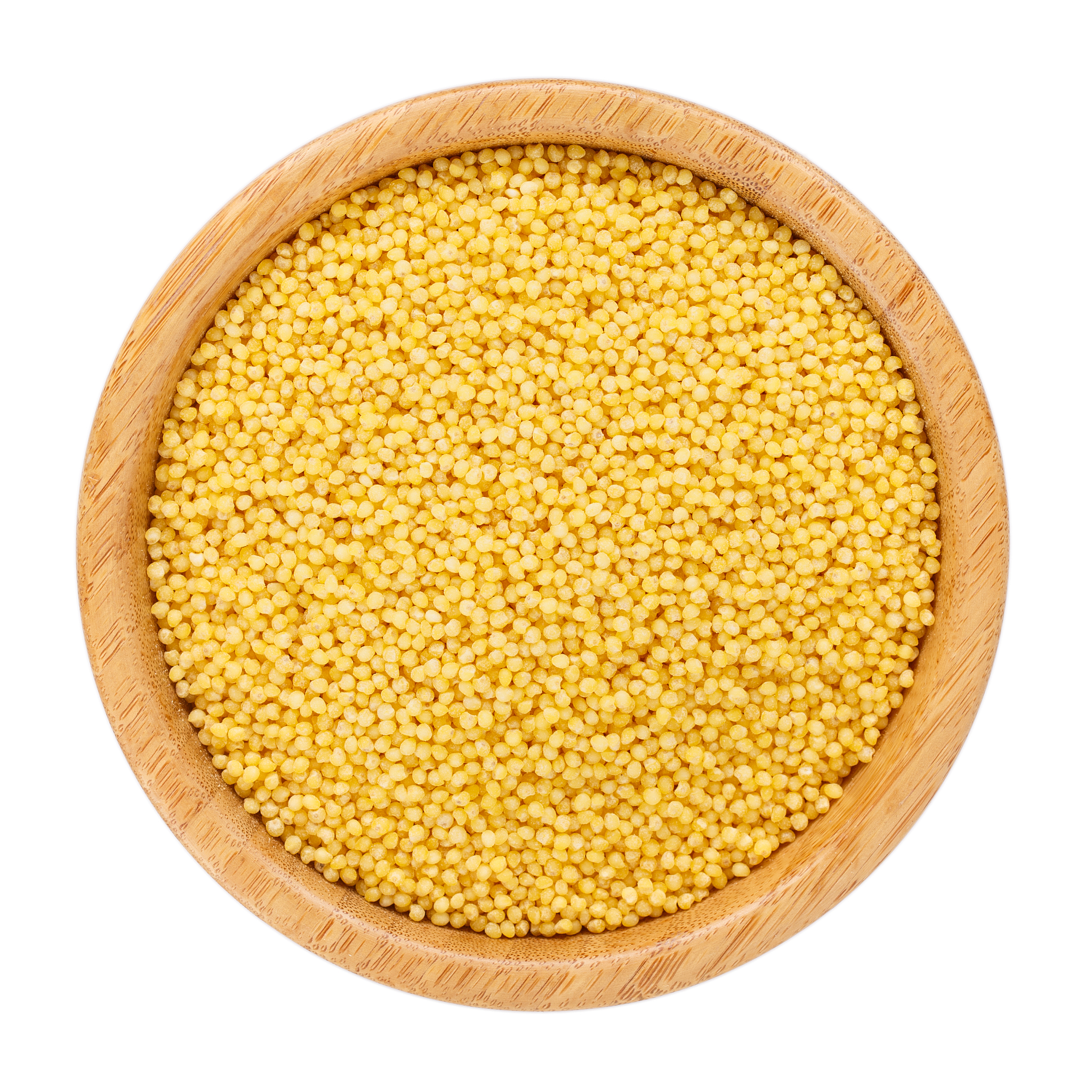 dried millet in wooden bowl isolated on white. top view.