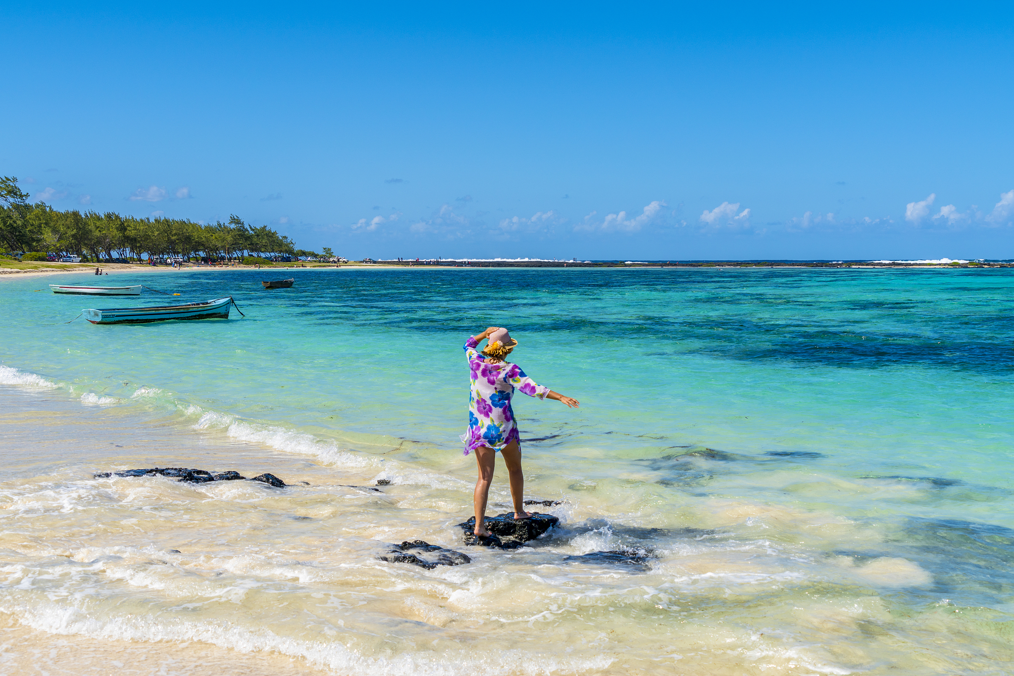 beautiful woman having fun on tropical sand beach, mauritius