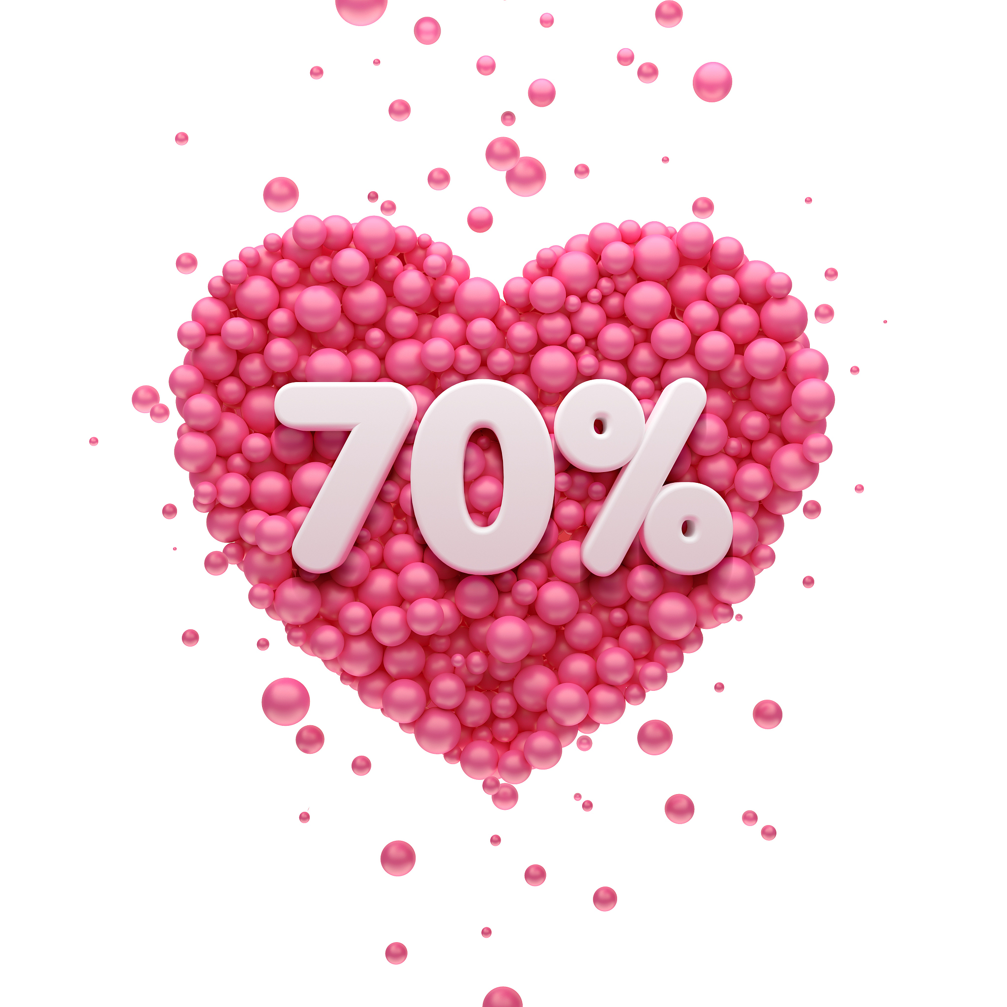 70% or seventy percent pink heart and red balloons, ball. 3d ill