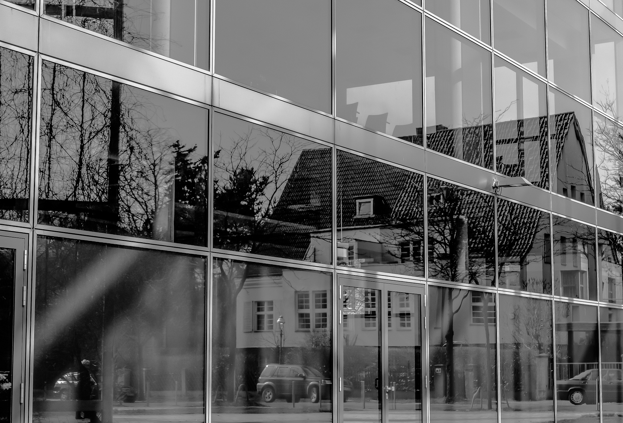 reflection of building on glass window
