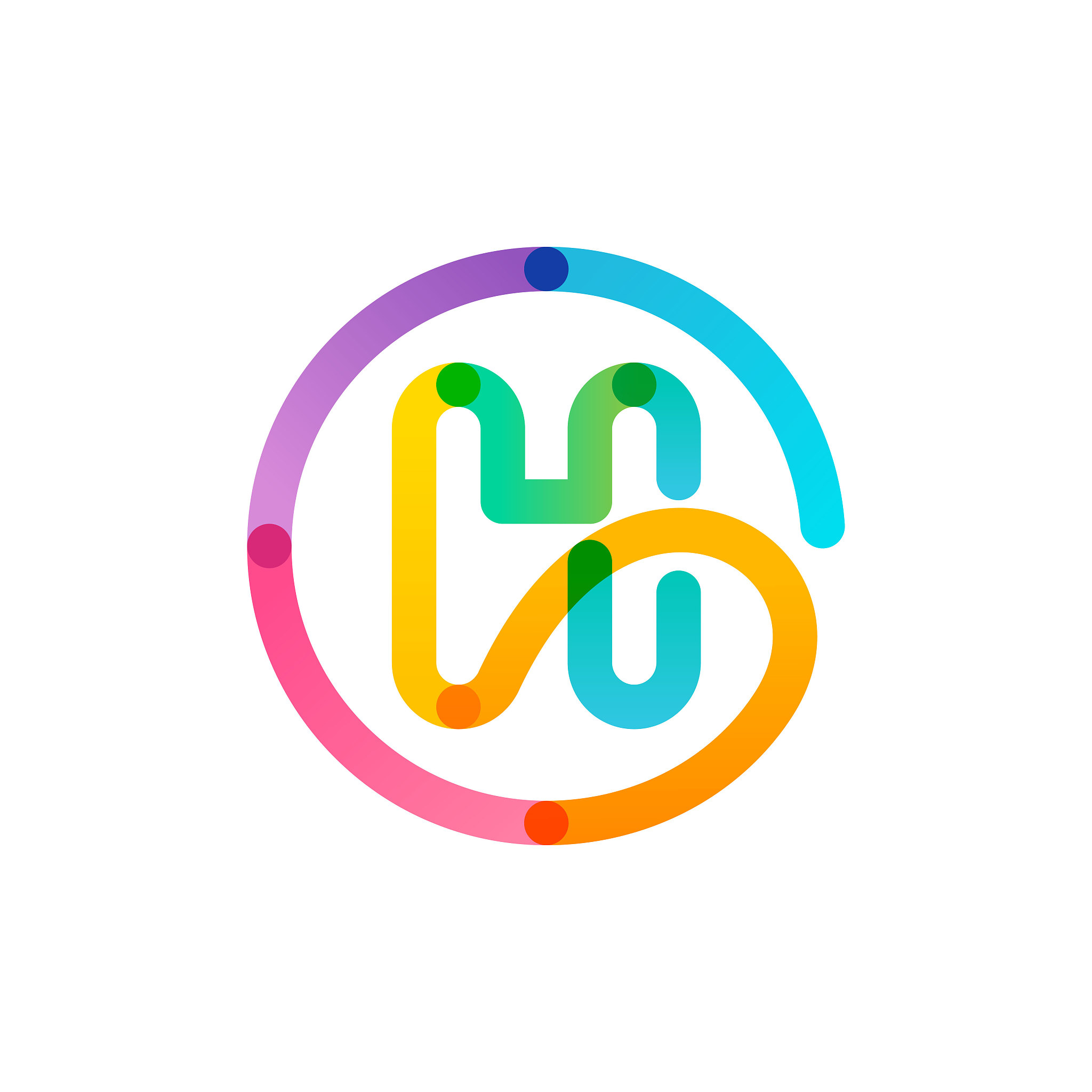 h letter logo in a rainbow gradient circle. impossible one line 