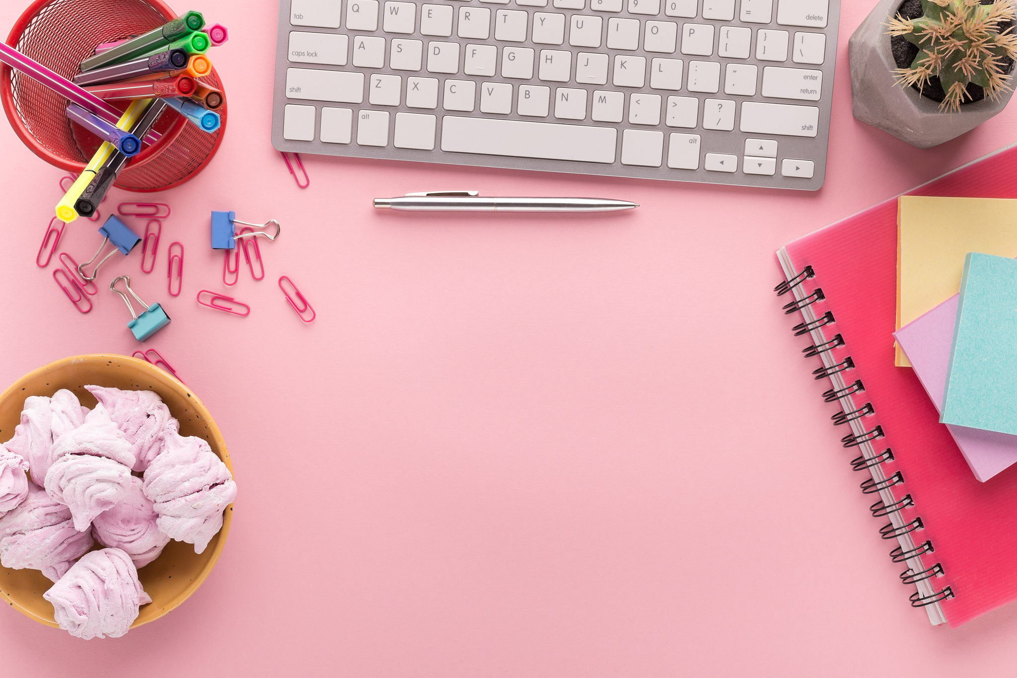 desk with different things, top view