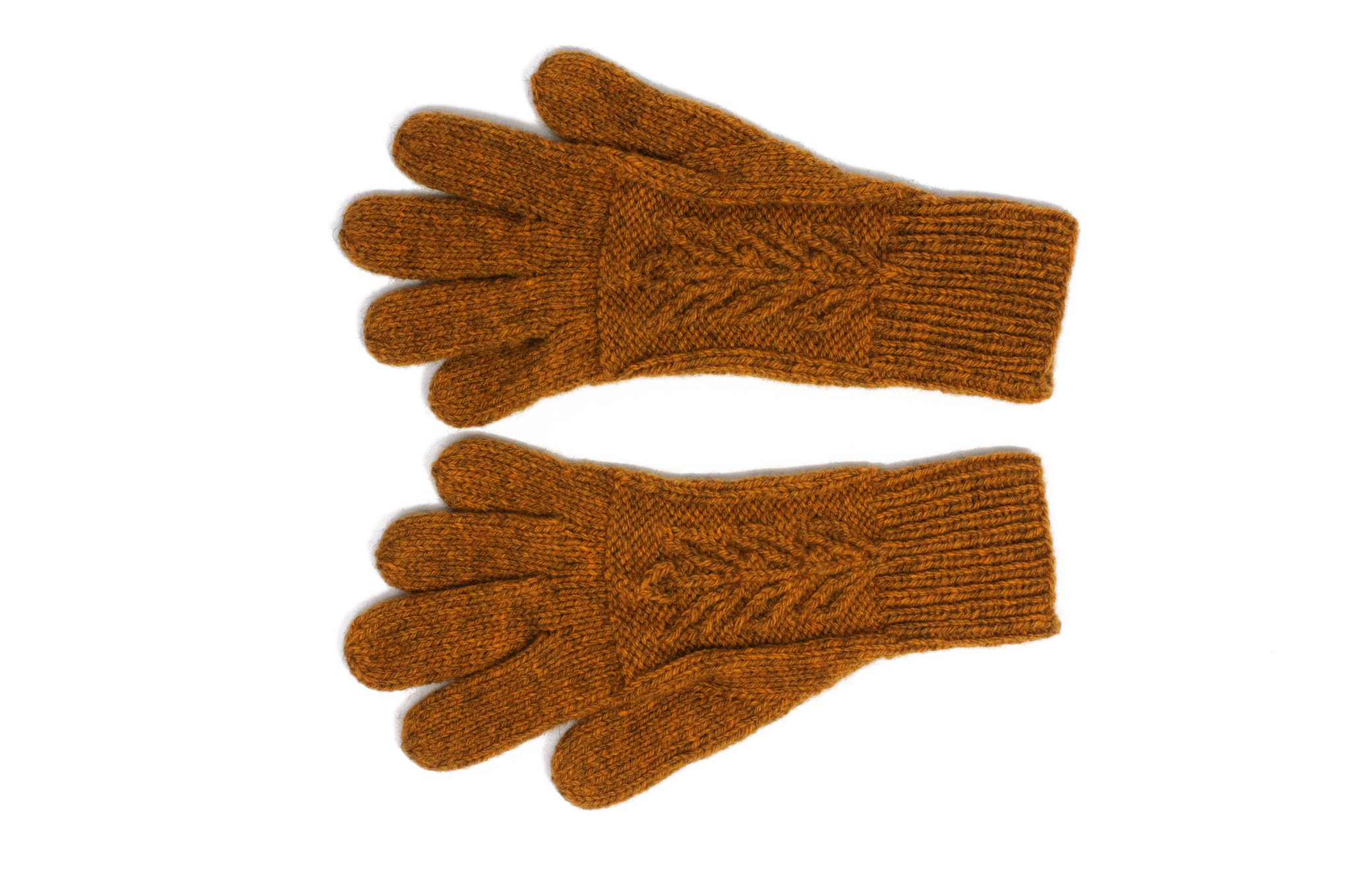 yellow handmade gloves on white background.