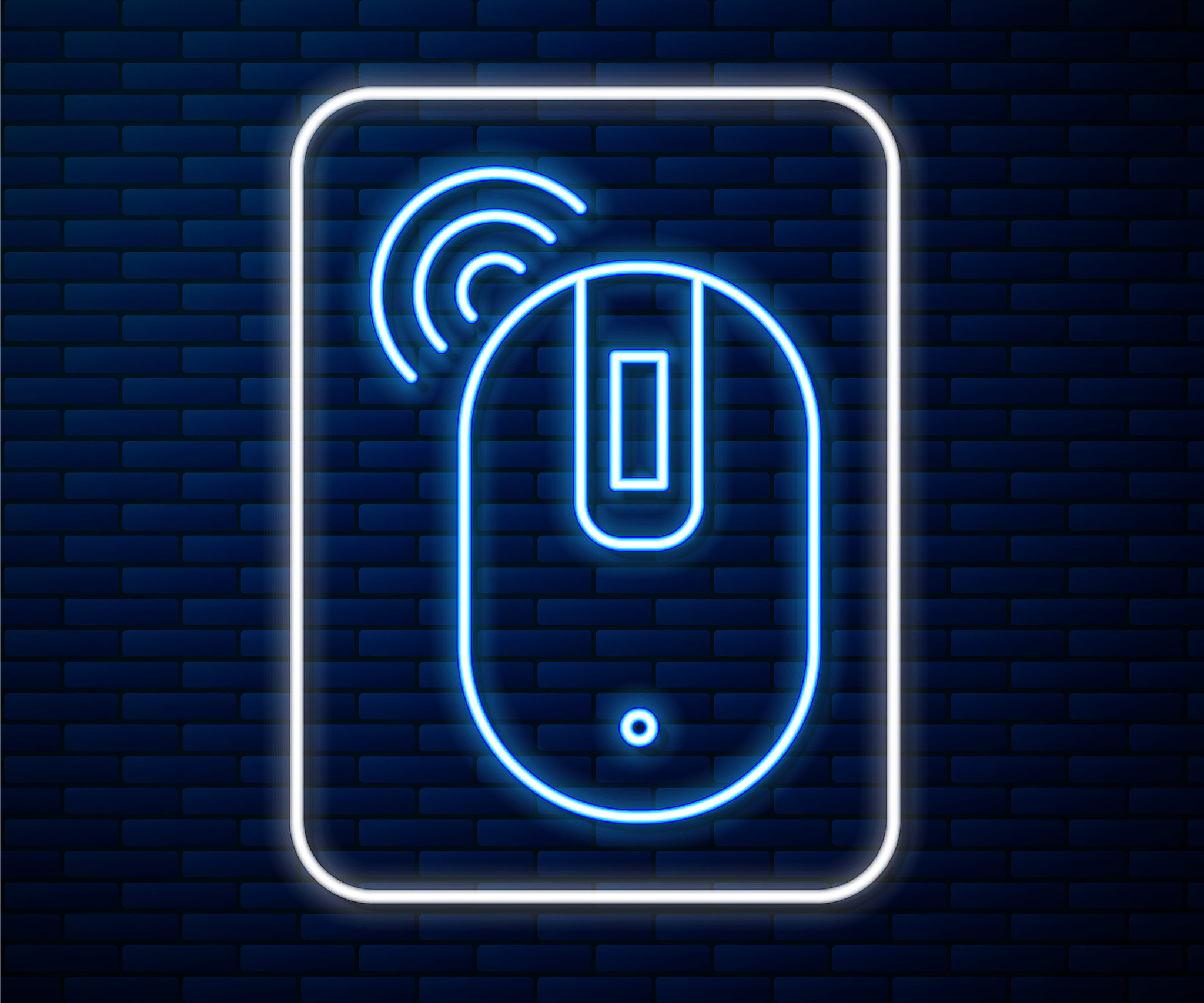glowing neon line wireless computer mouse icon isolated on brick