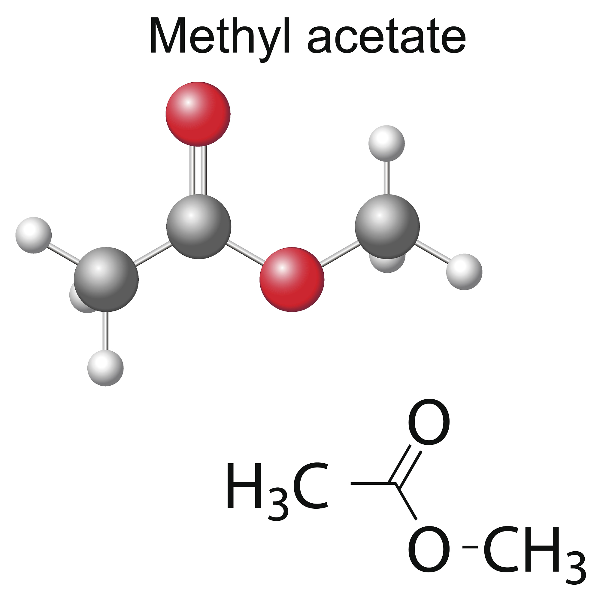 structural chemical formula and model of methyl acetate