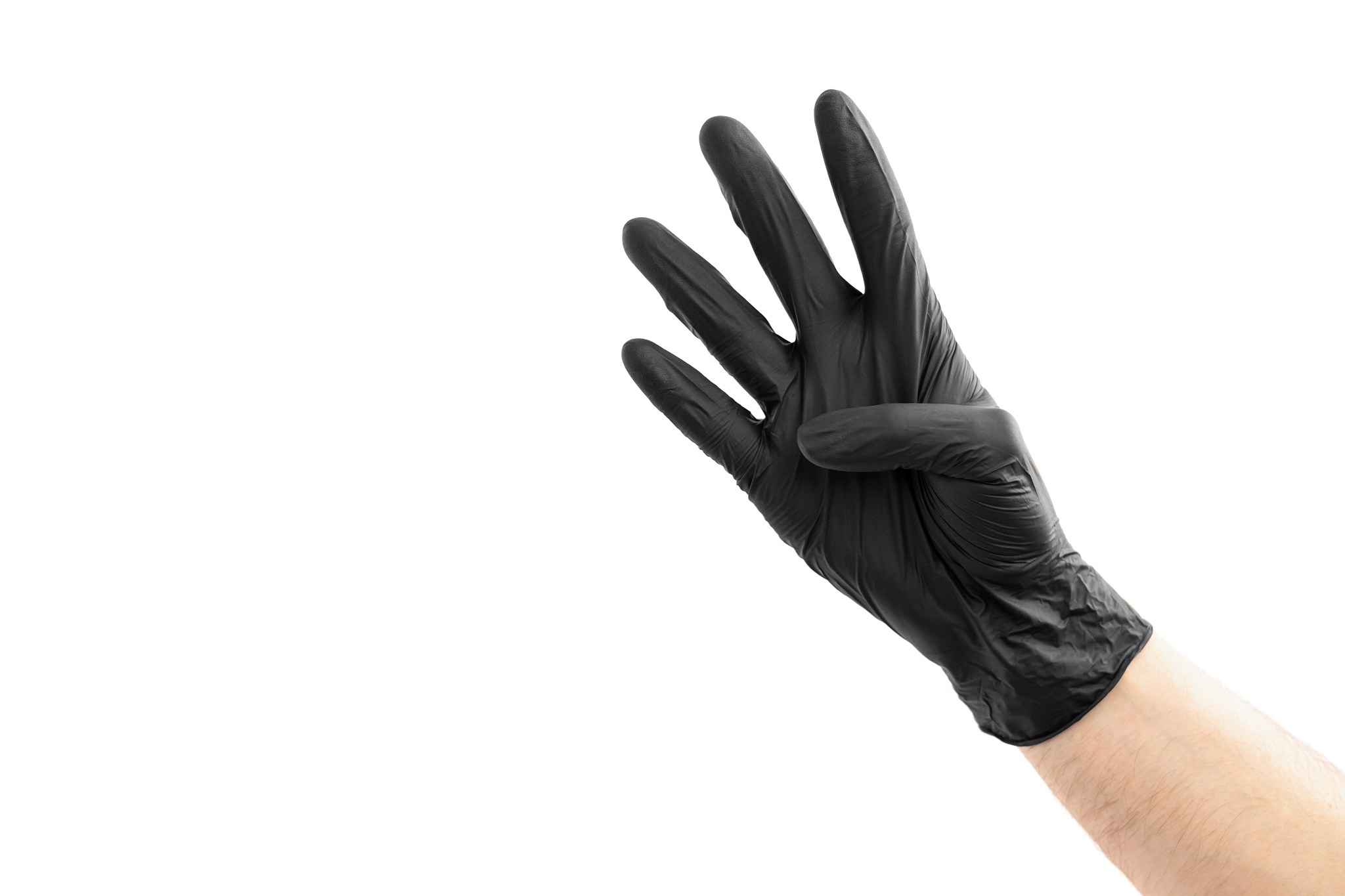 the hand in a black medical, latex gloves isolated on white gest