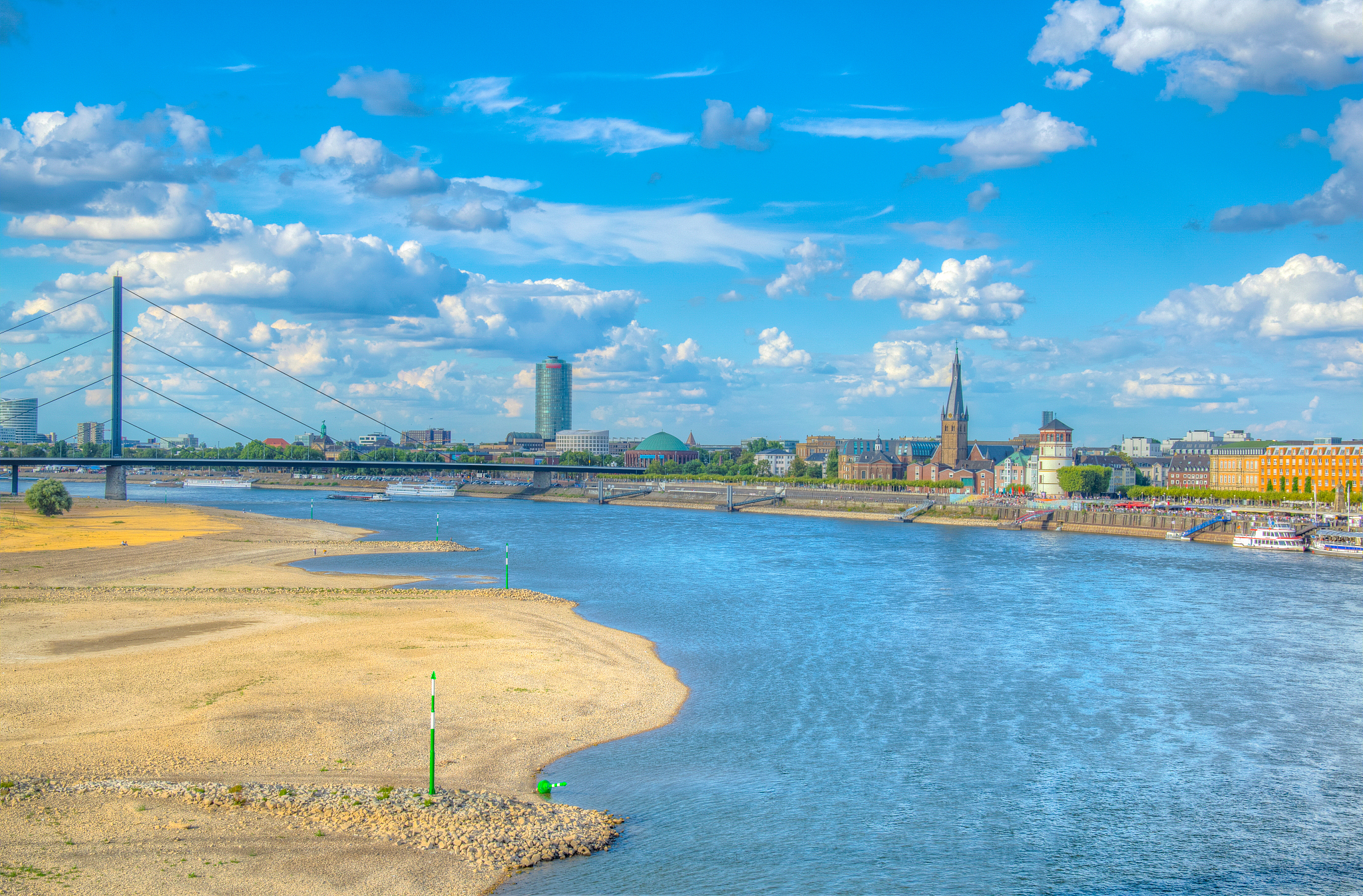 riverside of rhein in dusseldorf with saint lambertus church, ge