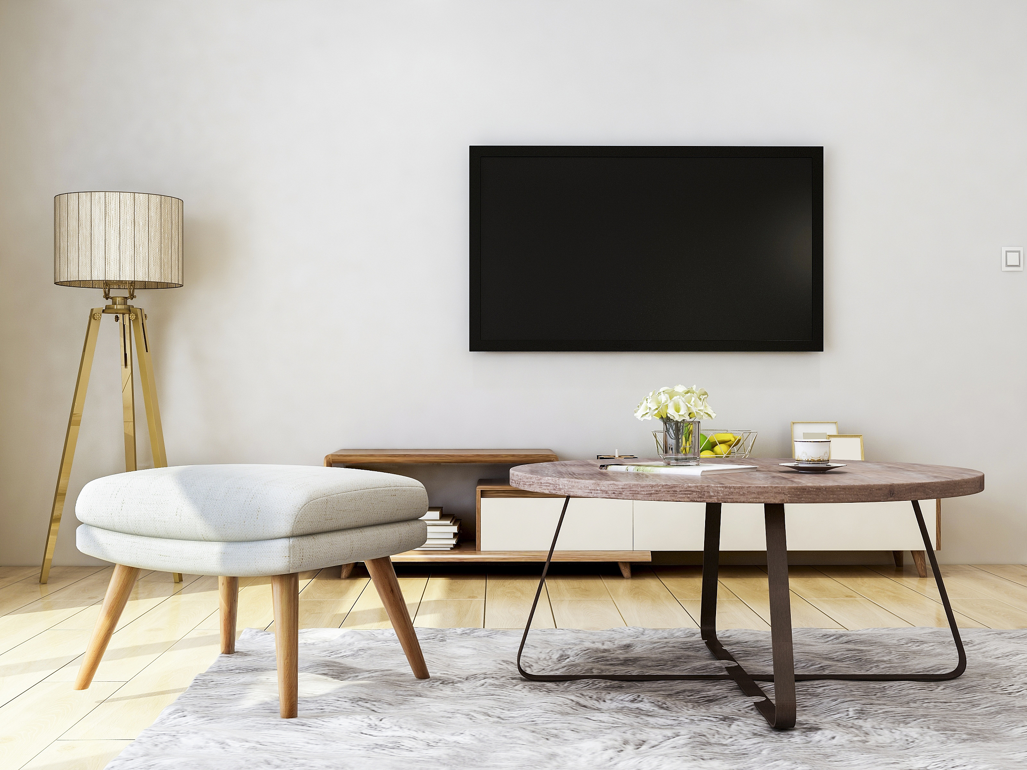 modern living room design, sofa bench, coffee table tv and floor