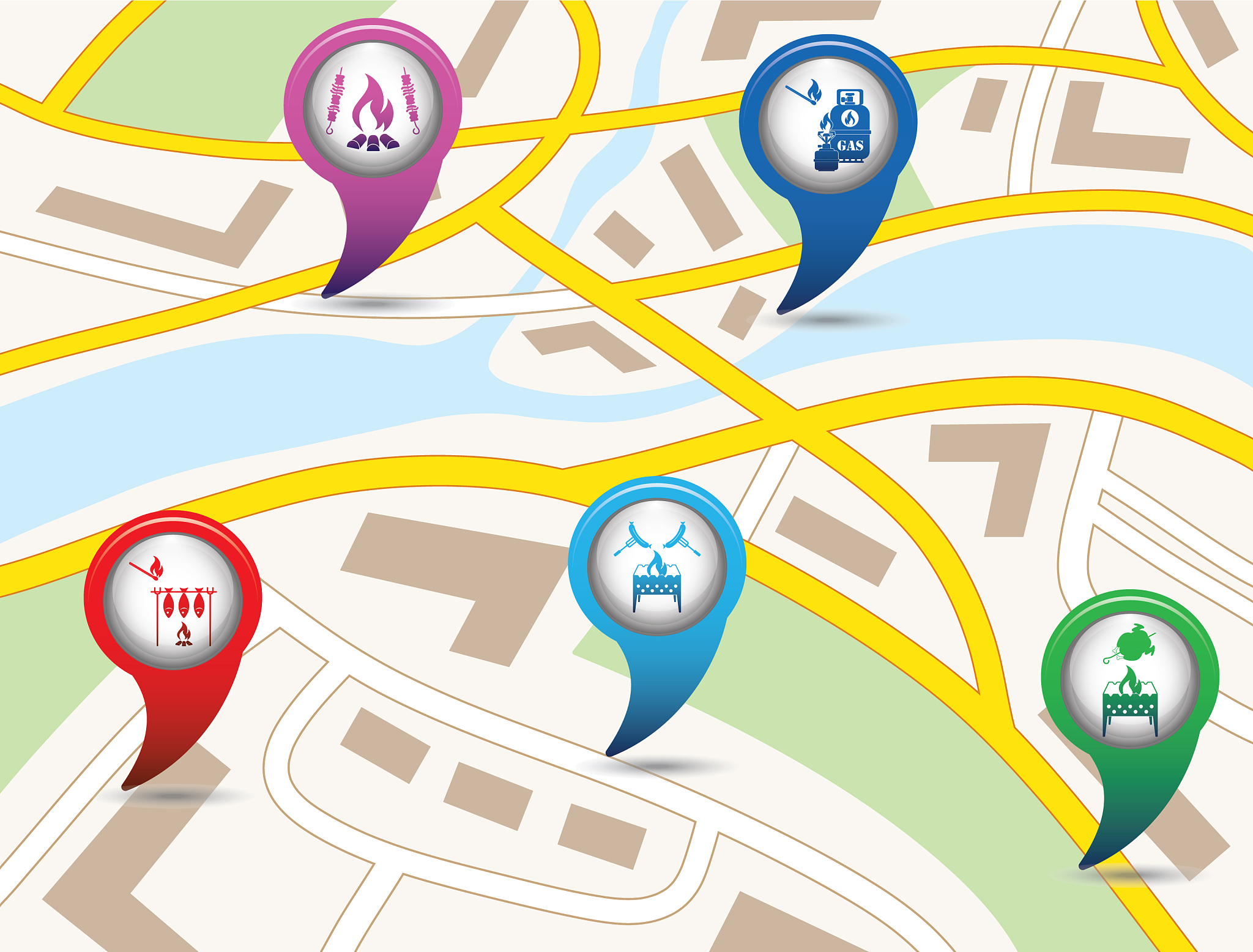 set of tourism service map pointers on map