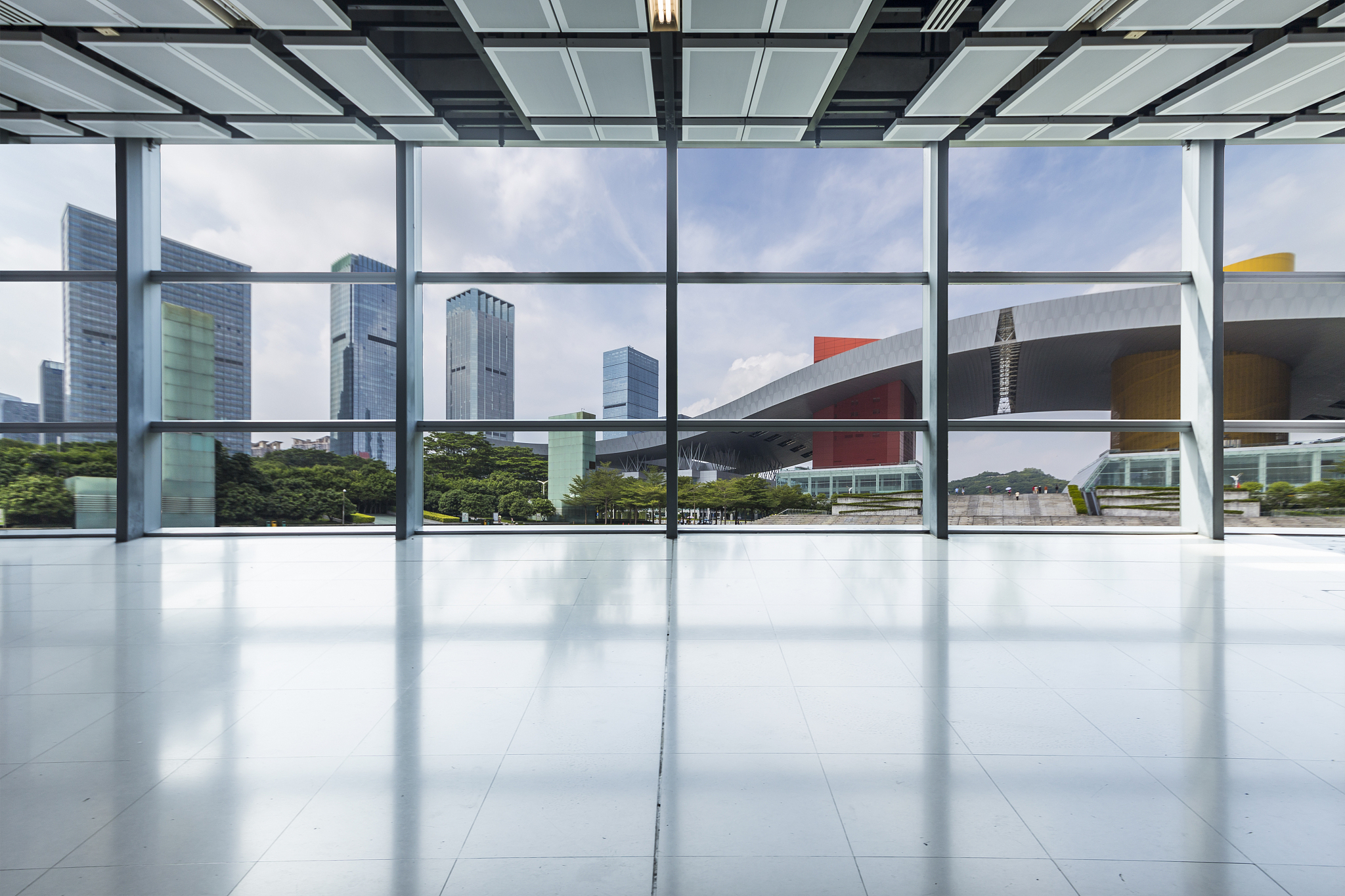 panoramic skyline and buildings from glass window