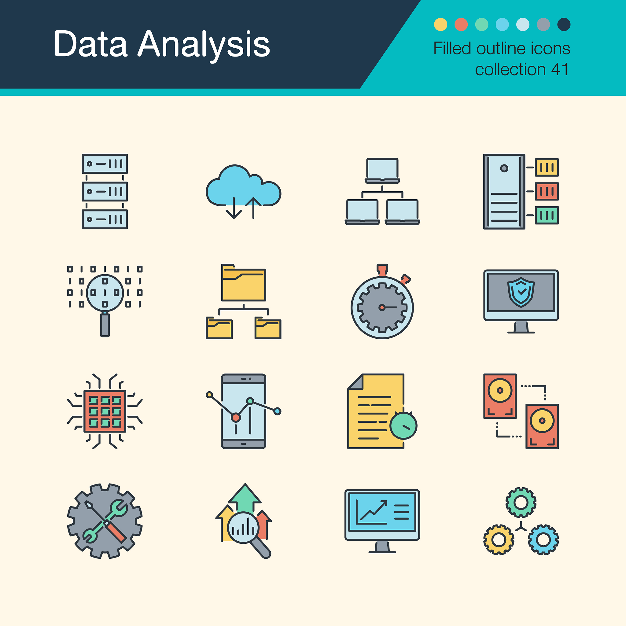 data analysis icons filled outline design