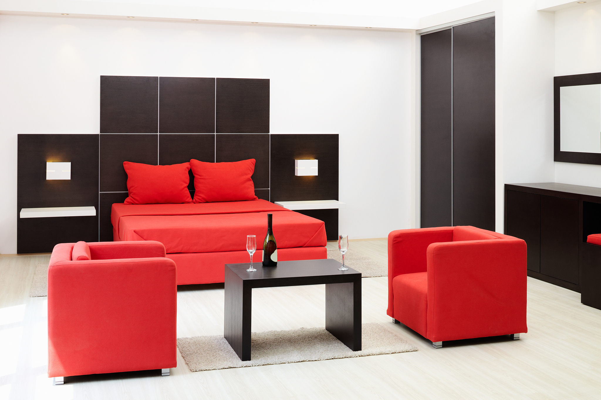 black and red hotel room