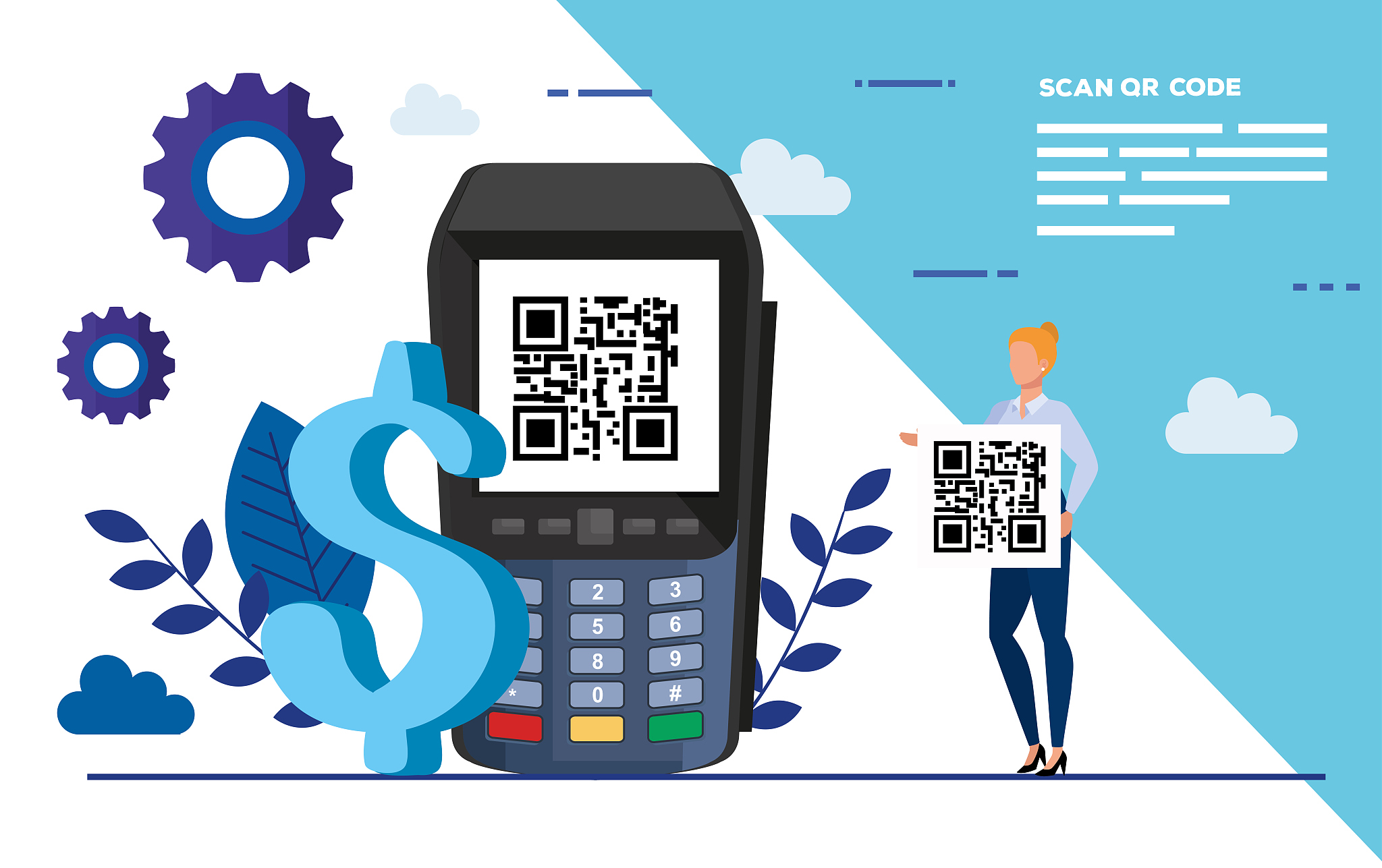 scan qr code with business woman and icons