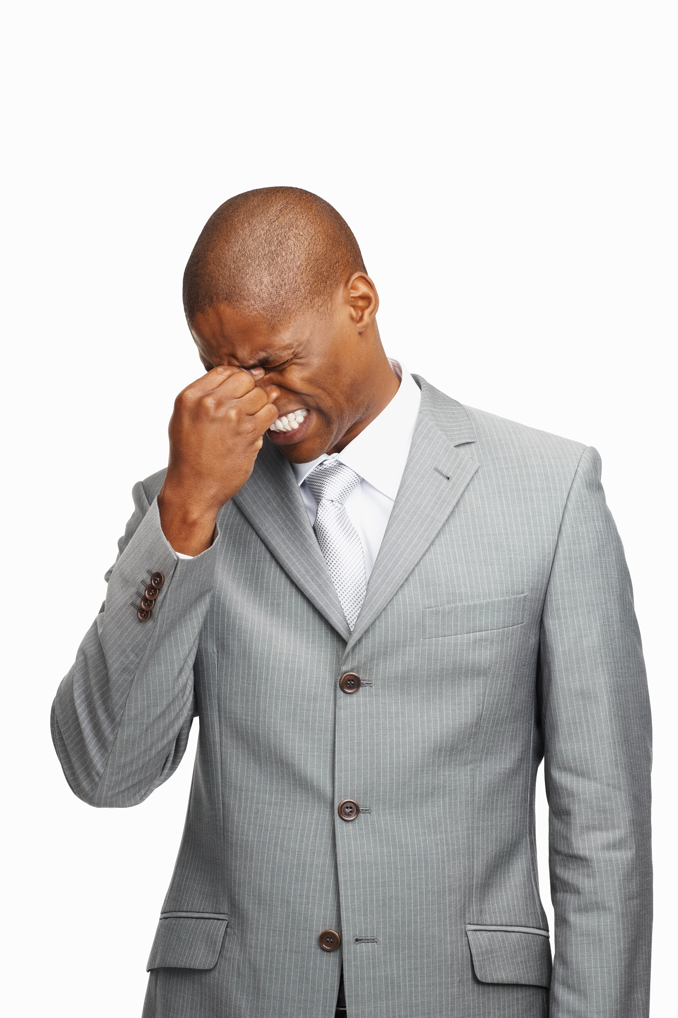 middle aged man with headache isolated against white background