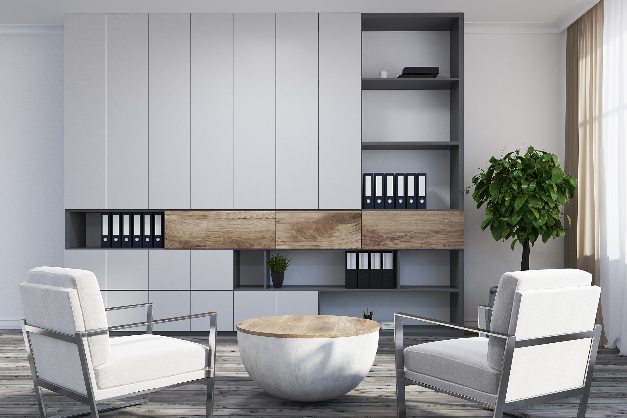 luxury white office, white armchairs