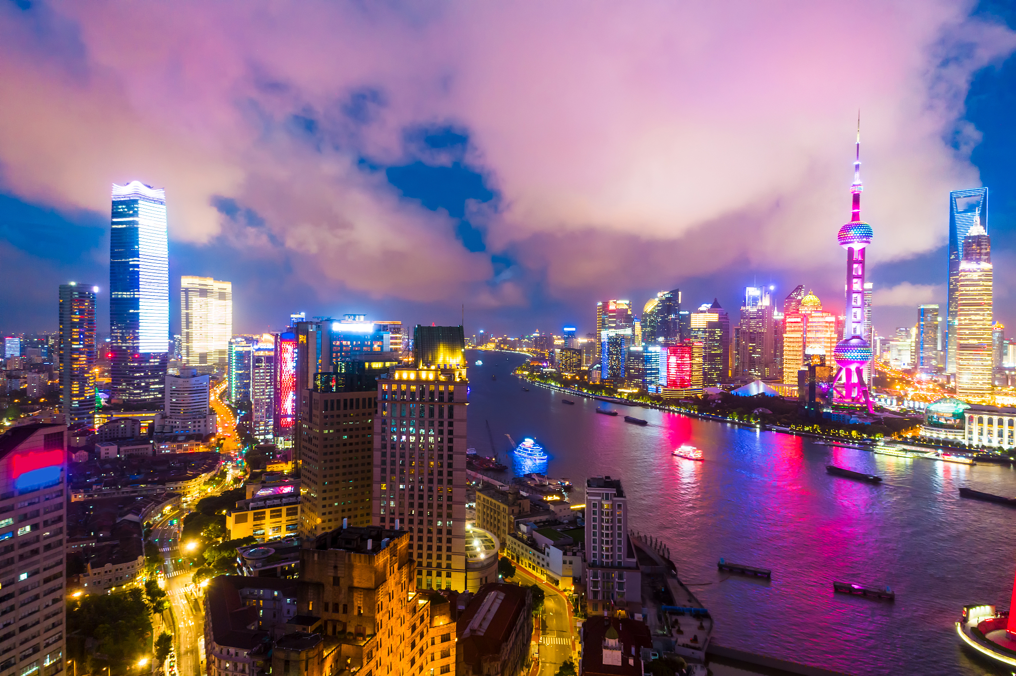 aerial view of shanghai skyline at night,china.