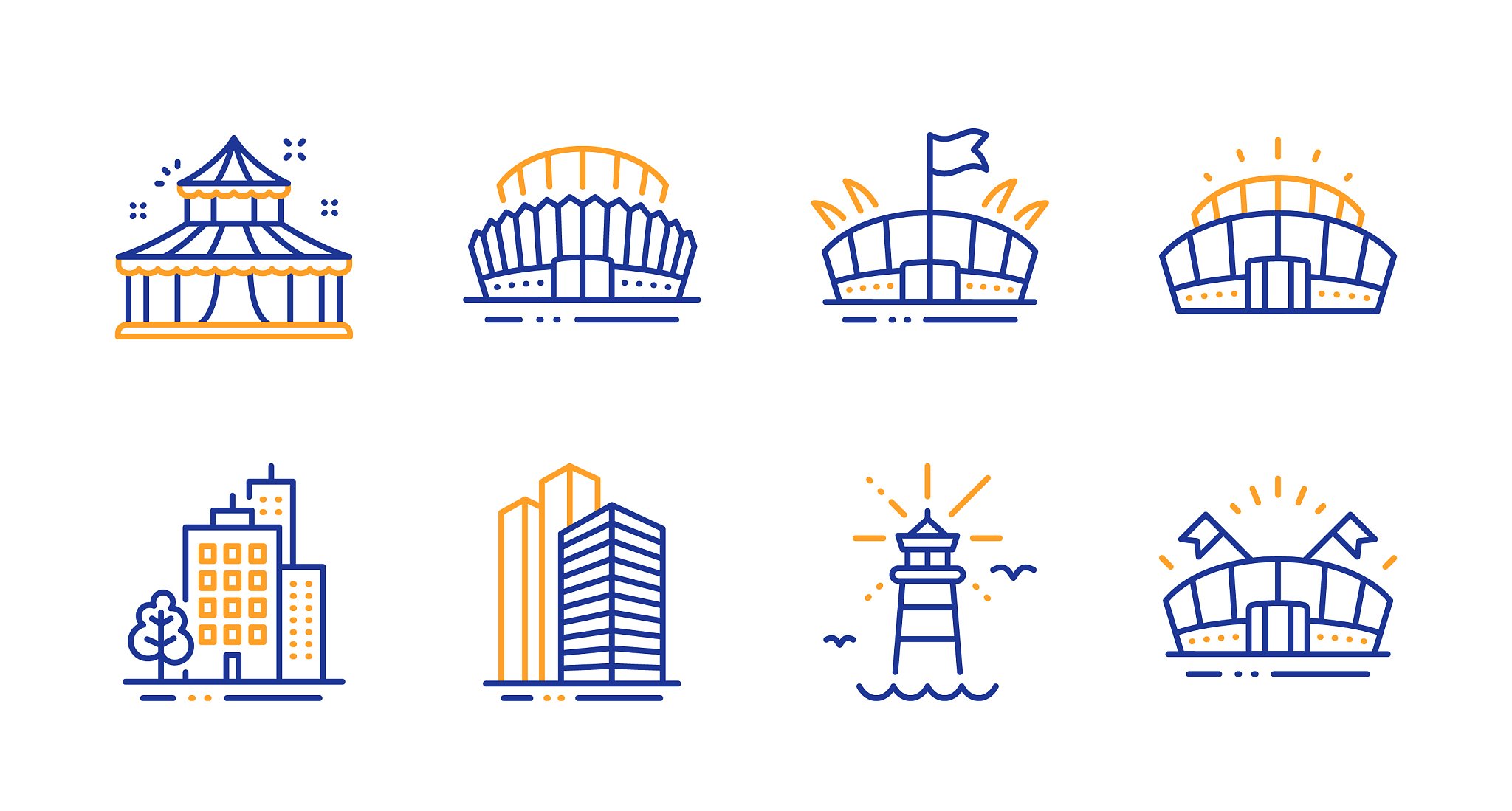 lighthouse buildings and sports stadium icons set