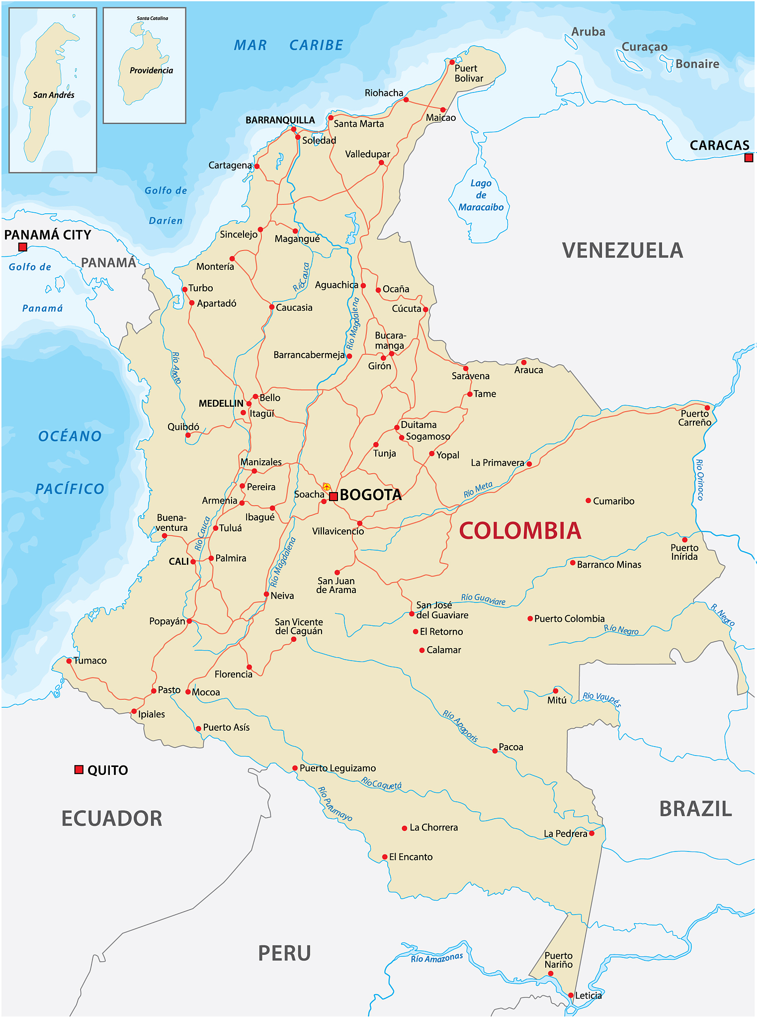 map with main roads and rivers colombia