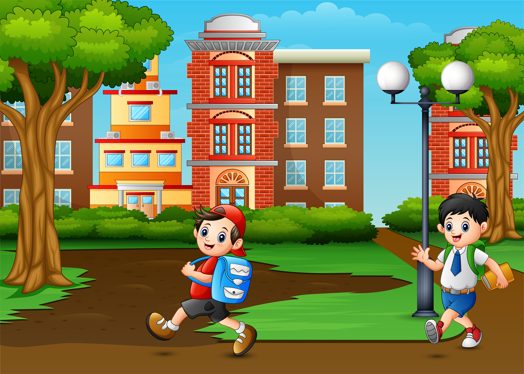 happy school children pass the city park
