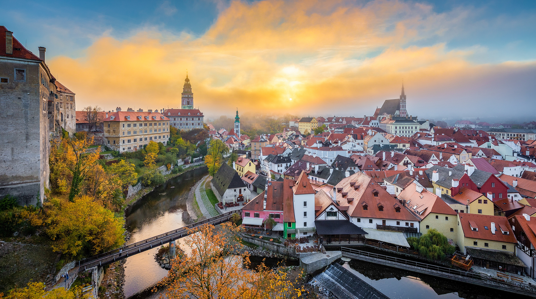 historic town of cesky krumlov at sunrise in fall, bohemia, czec