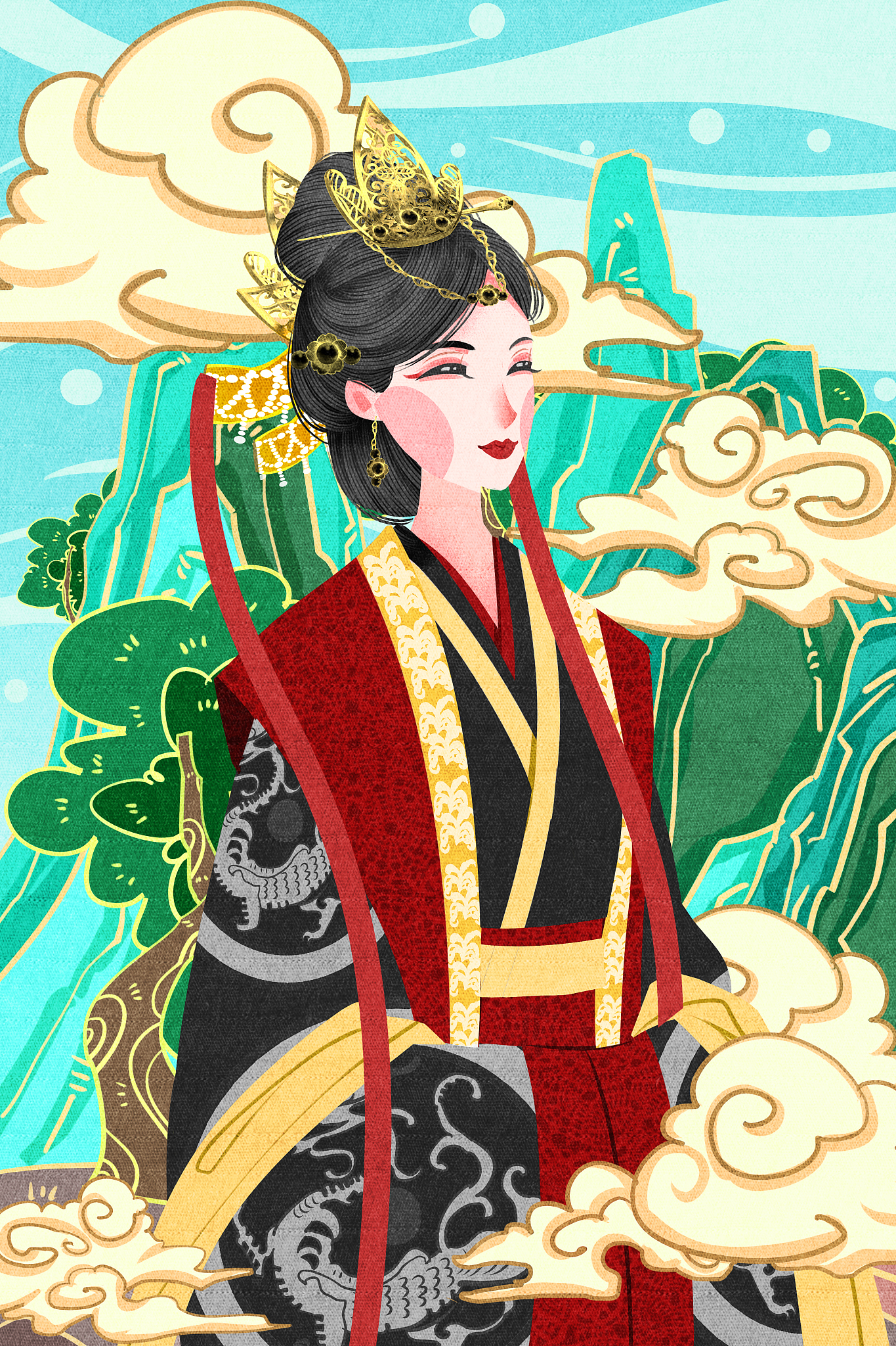 皇后,<strong>汉朝</strong>,中国,插画,风,国潮风,祥云,衣服,女性,一个人