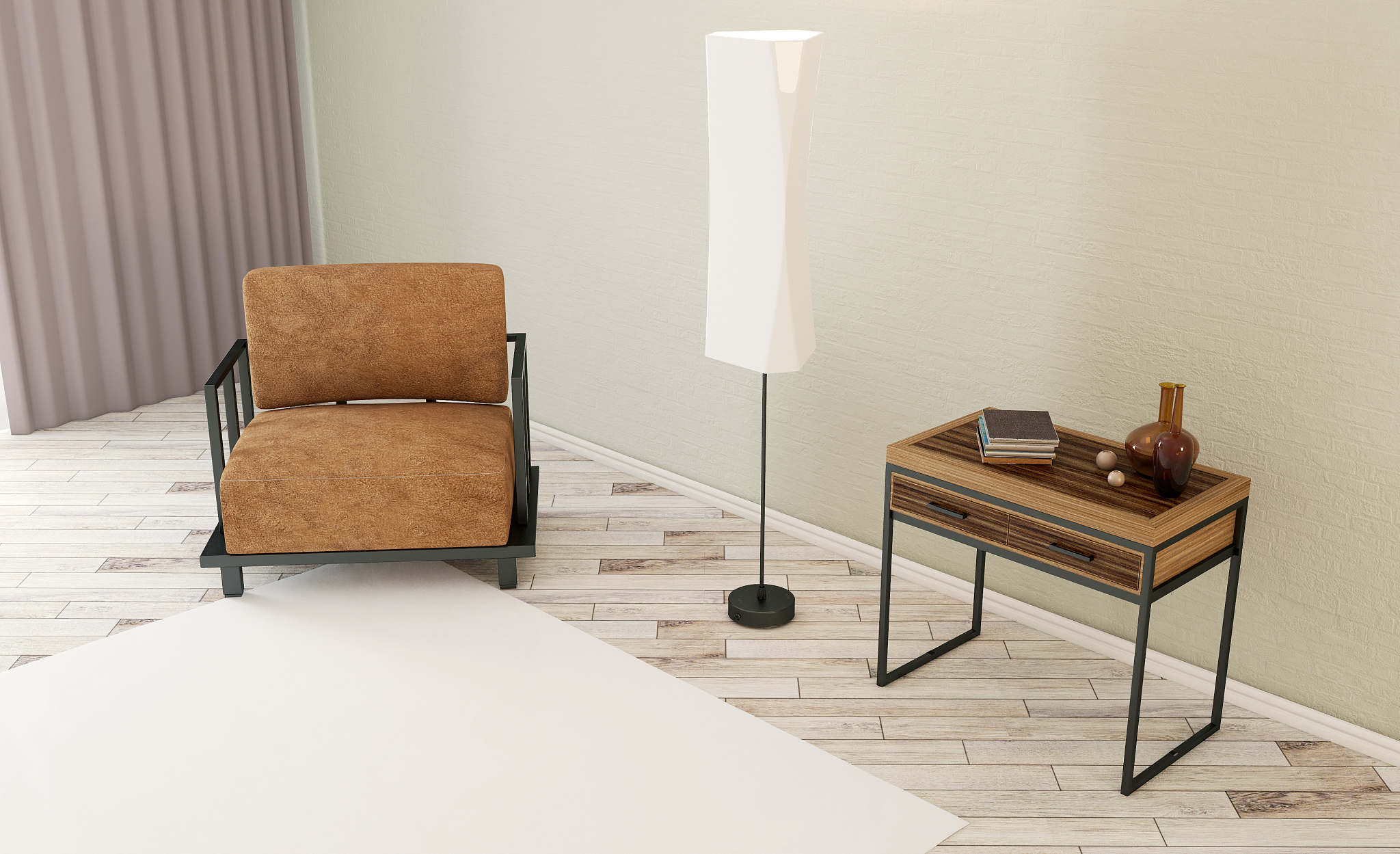 the living room in the style of minimalism. armchair and nightst