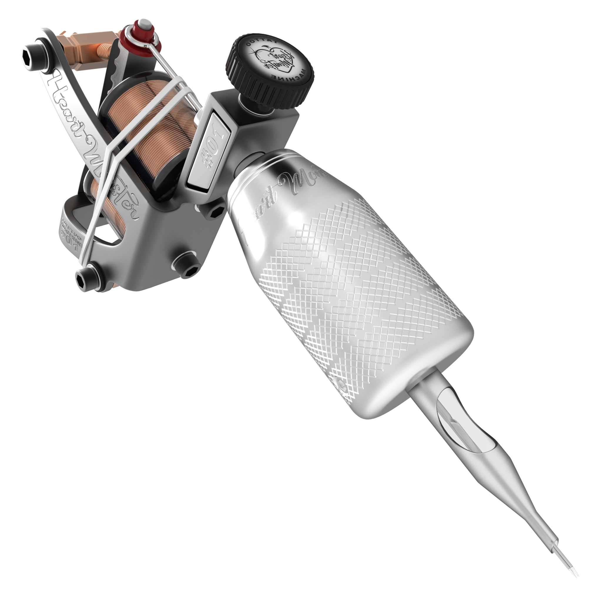 black tattoo machine with metallic grip heart and needle closeup