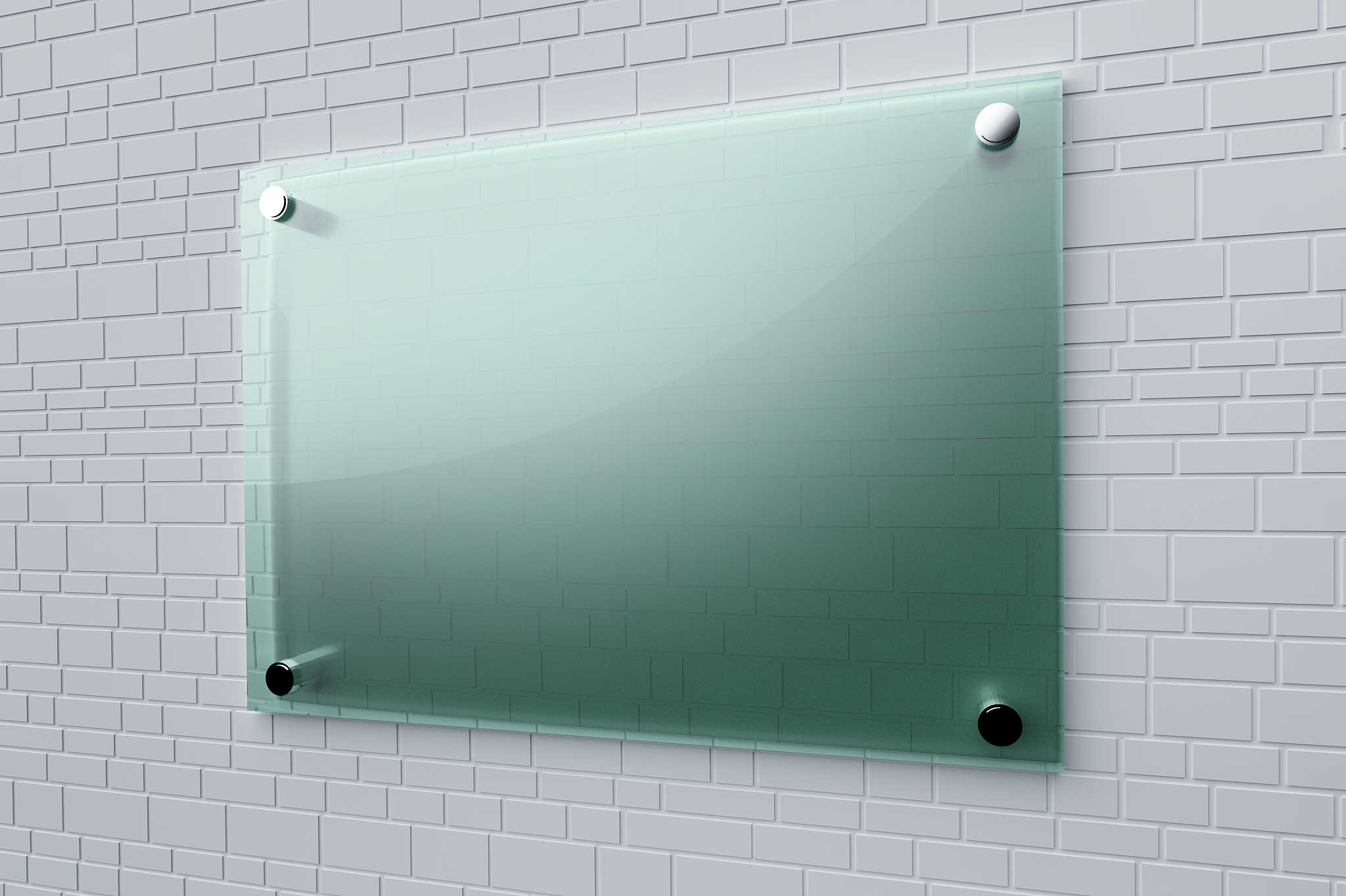 large green glass board on the surface of brick wall