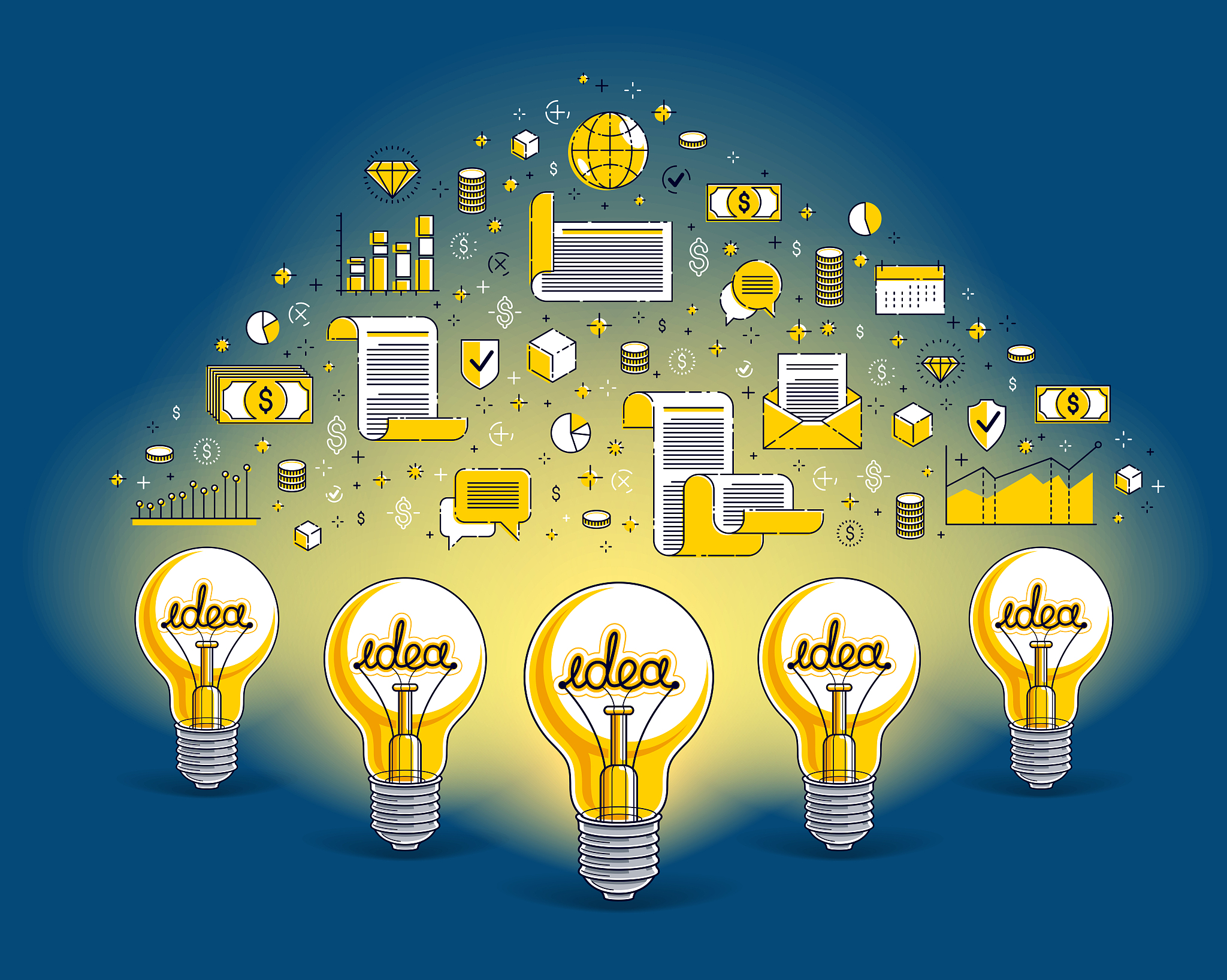 group of shining light bulbs and set of icons, business ideas cr