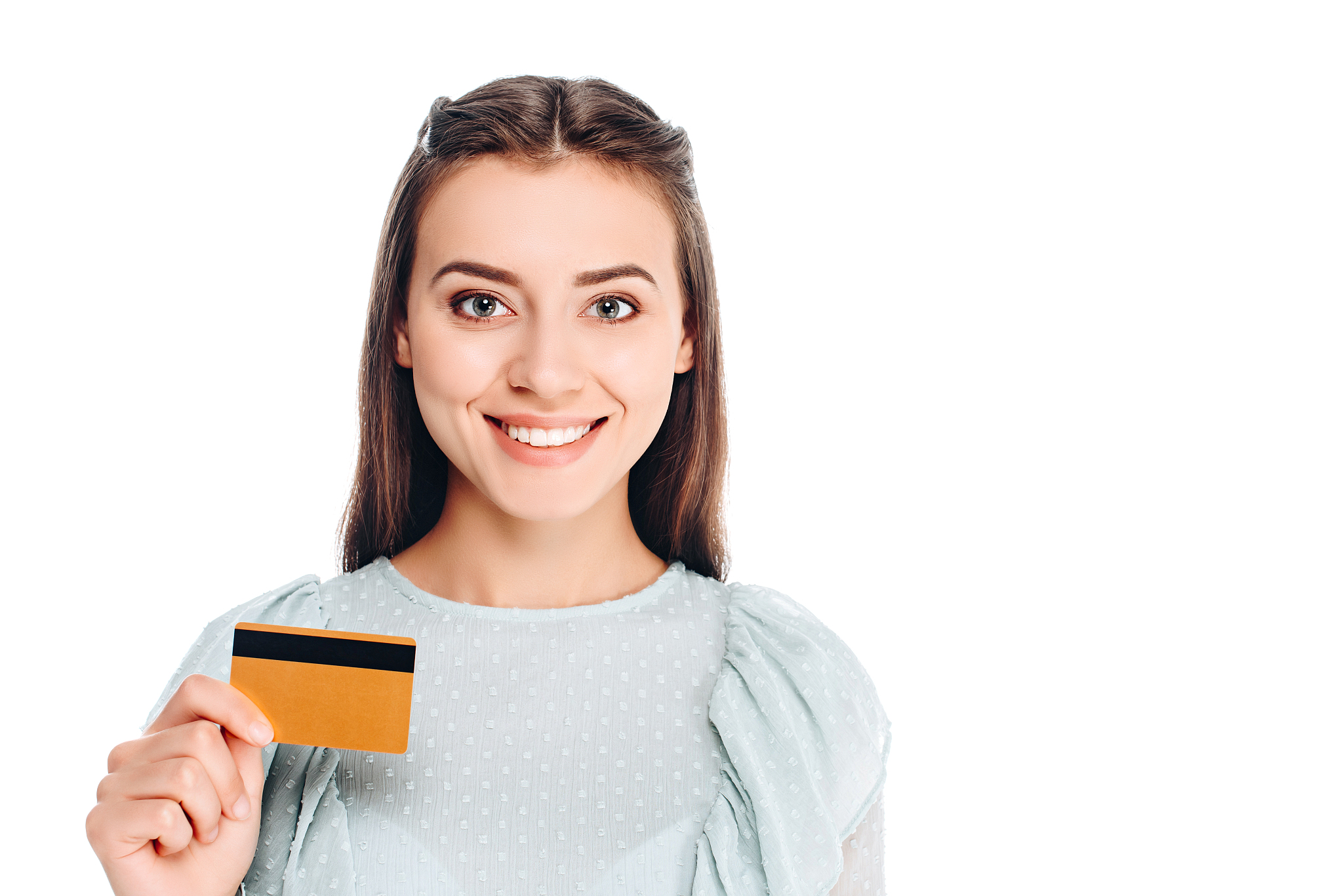 portrait of smiling woman with credit card isolated on white