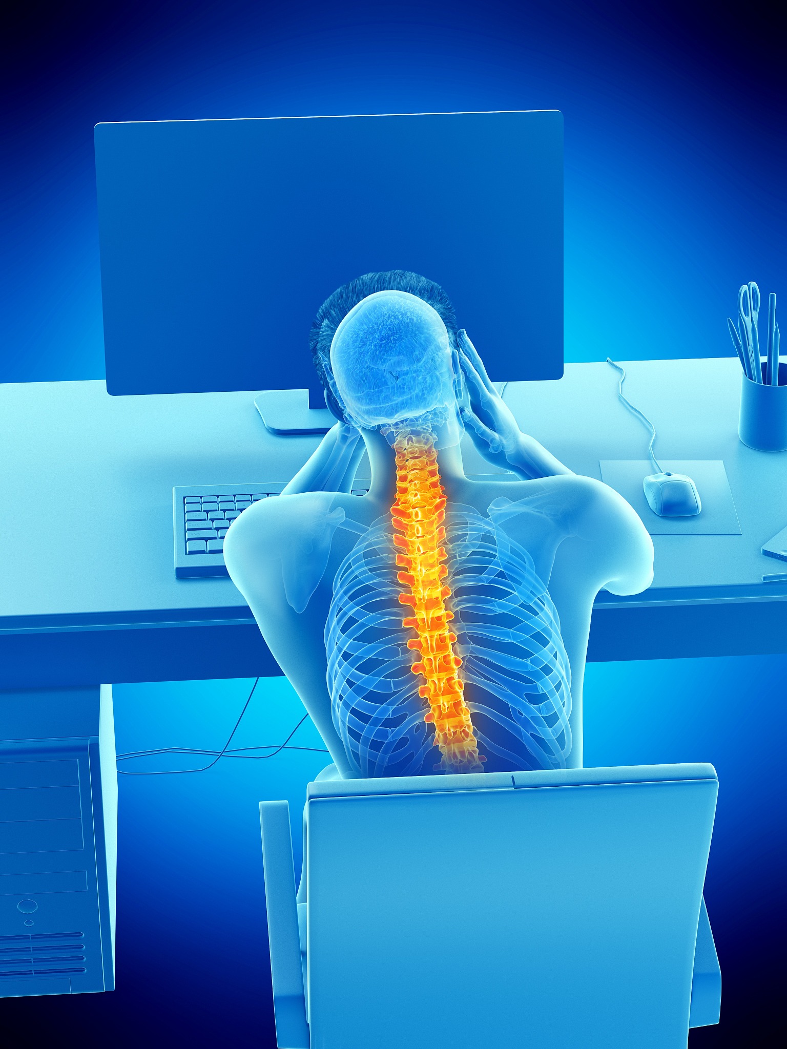 office worker with back pain, conceptual illustration
